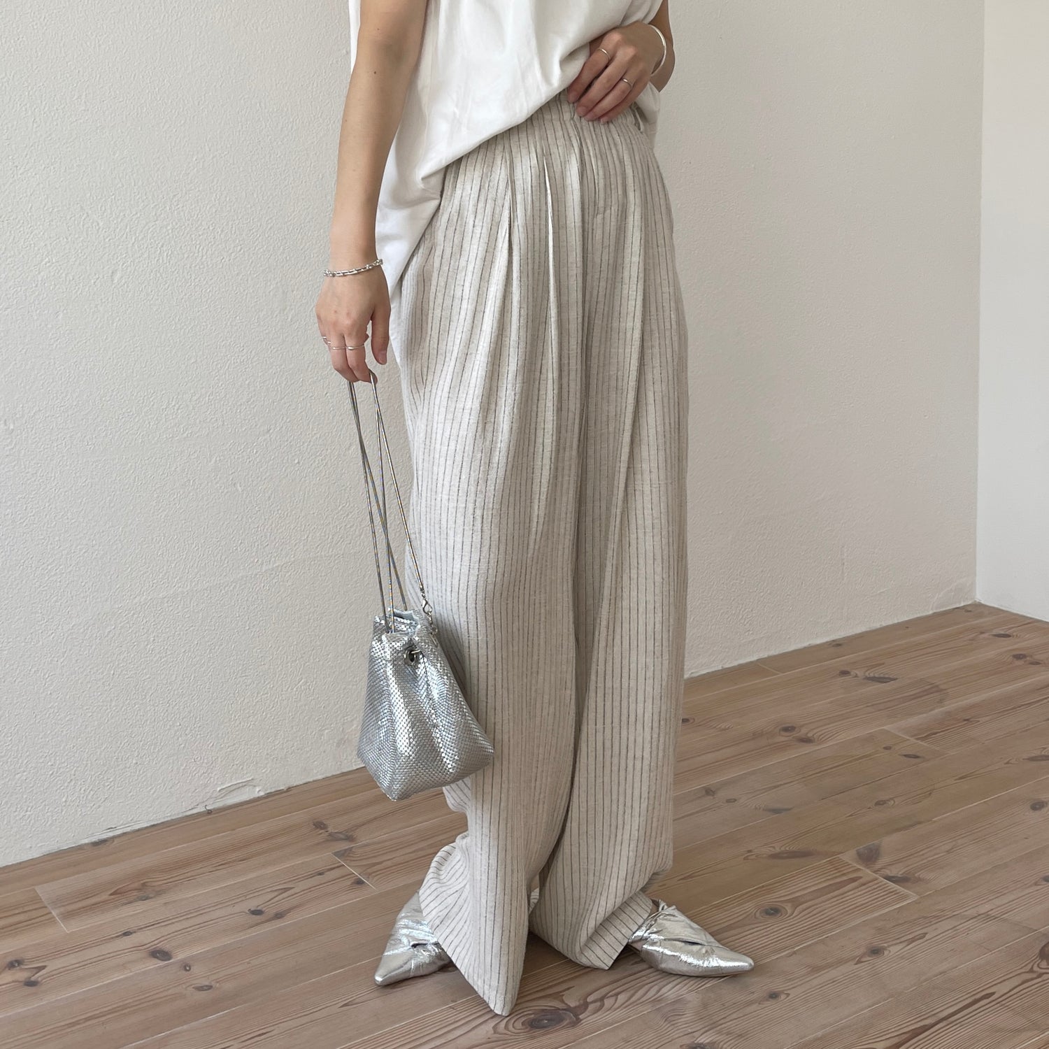 【2点SET】tuck wide linen pants + belt set / stripe