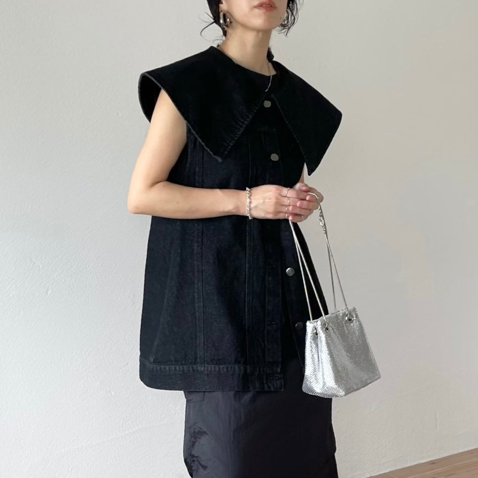 vintage like big collar denim vest / black