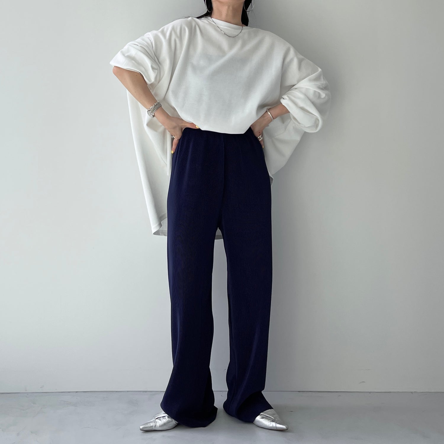 daily daily super stretch pleats wide pants / navy