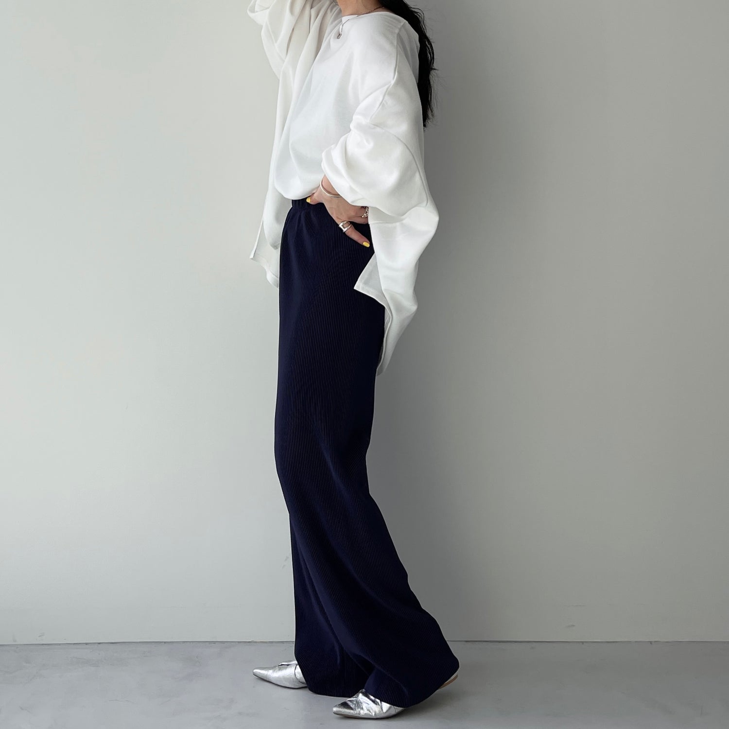 daily daily super stretch pleats wide pants / navy