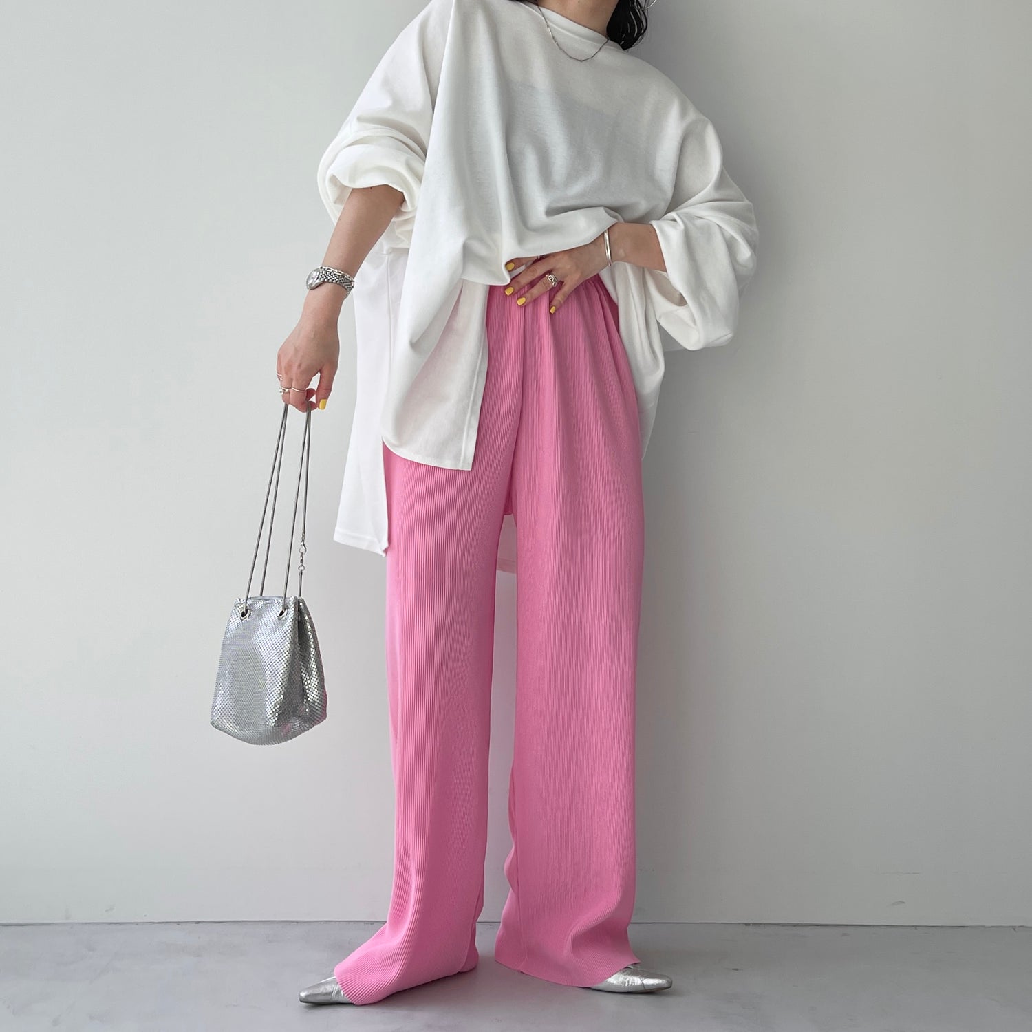 daily daily super stretch pleats wide pants / pink