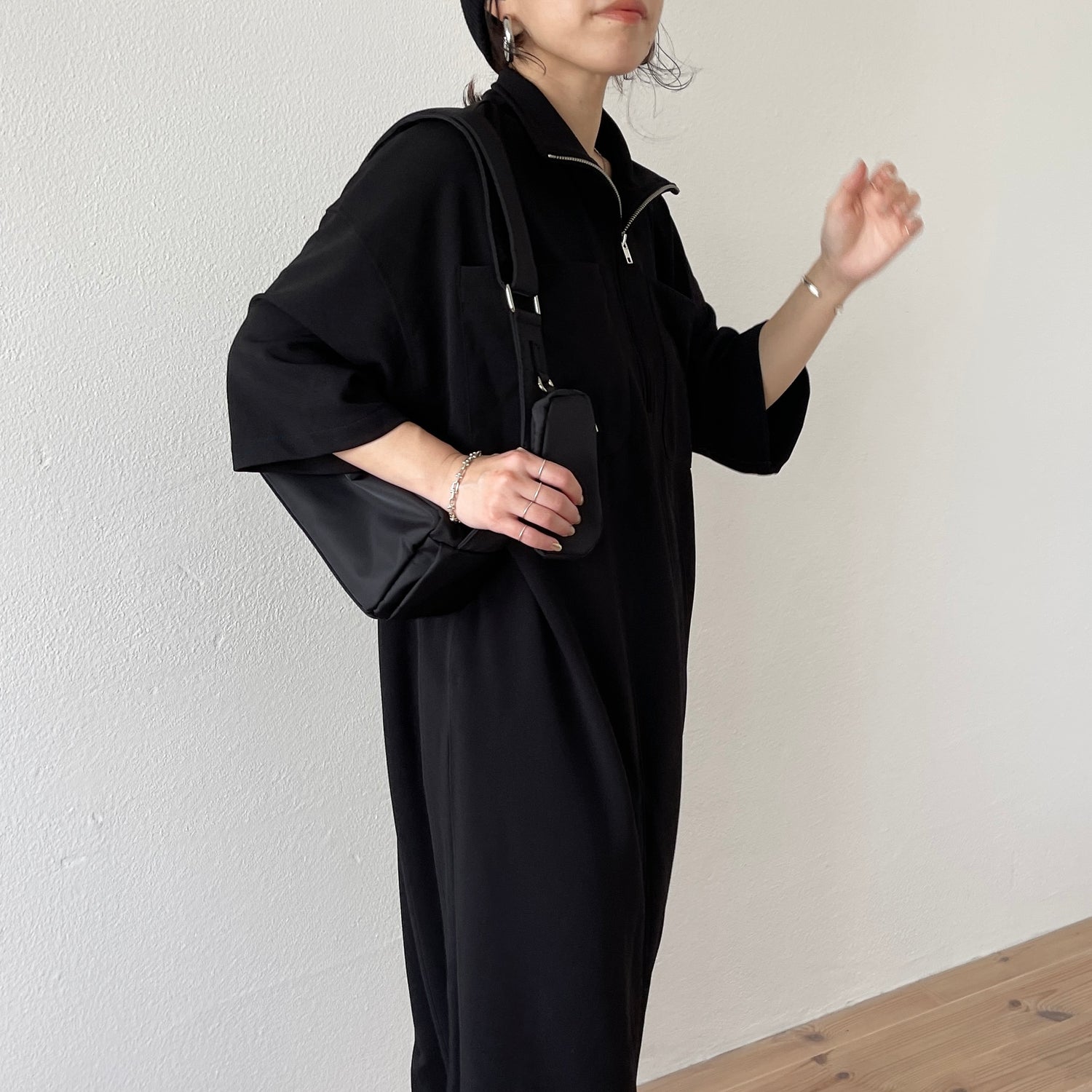 high neck half zip one piece / black