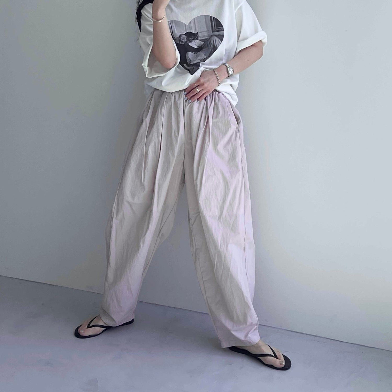 gather cocoon nylon pants / pink