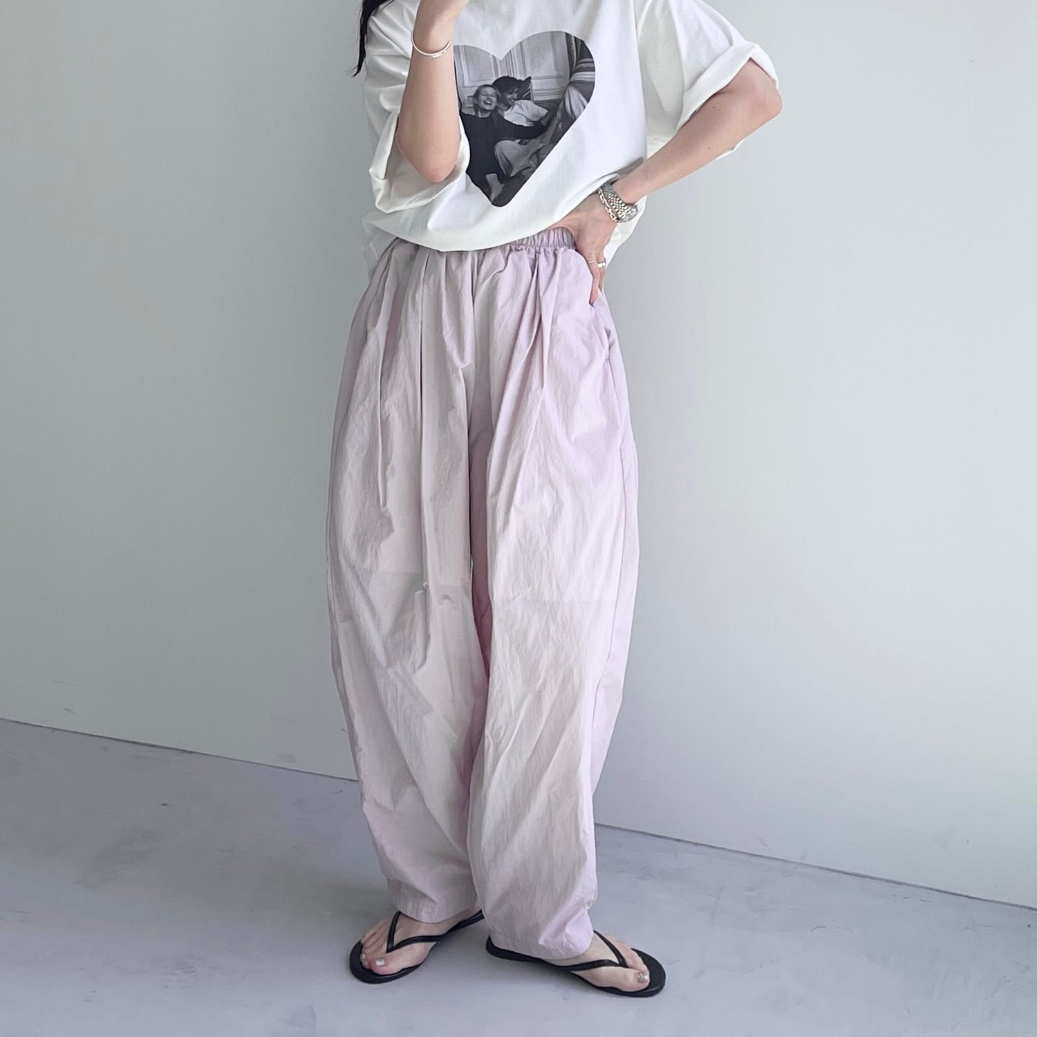 gather cocoon nylon pants / pink
