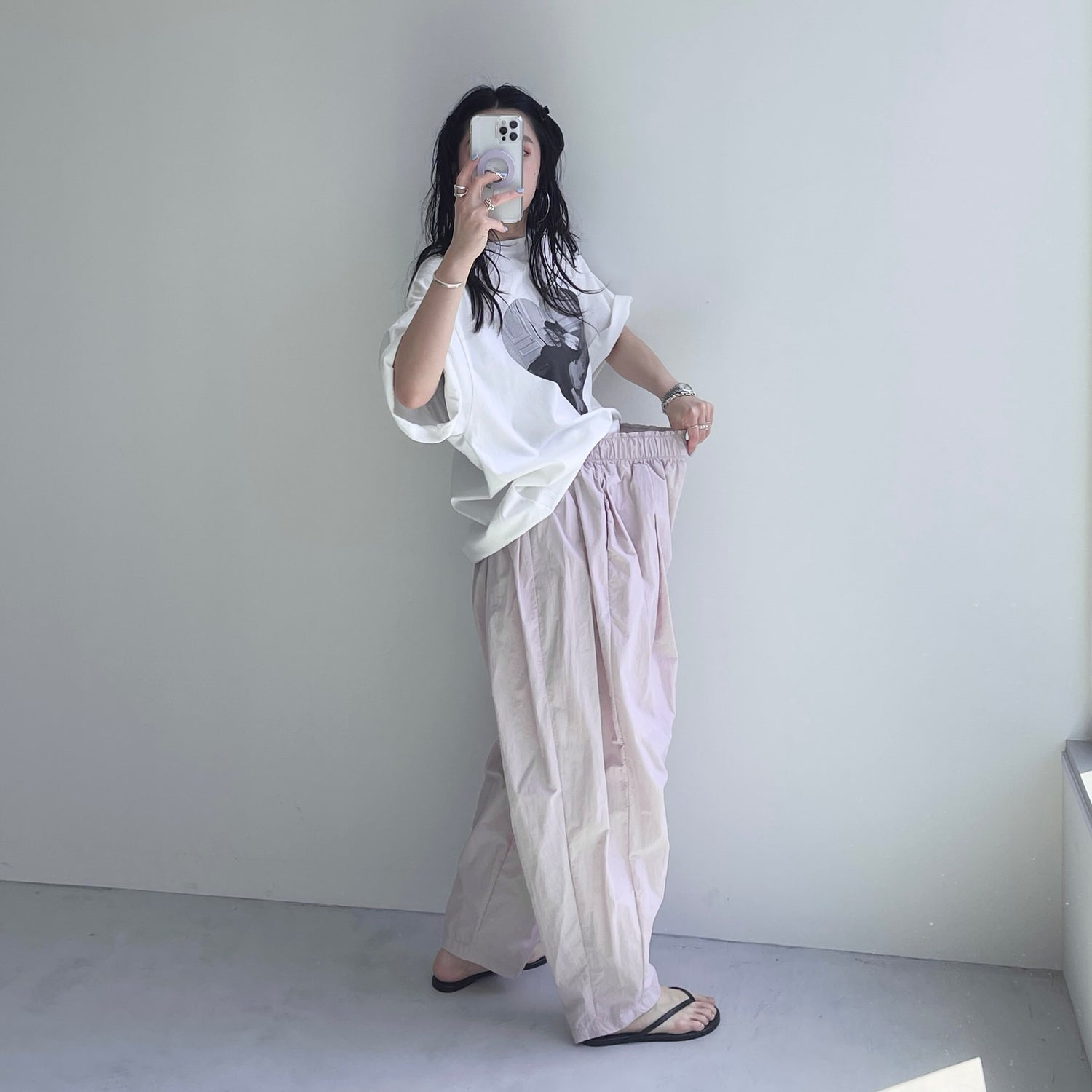 gather cocoon nylon pants / pink