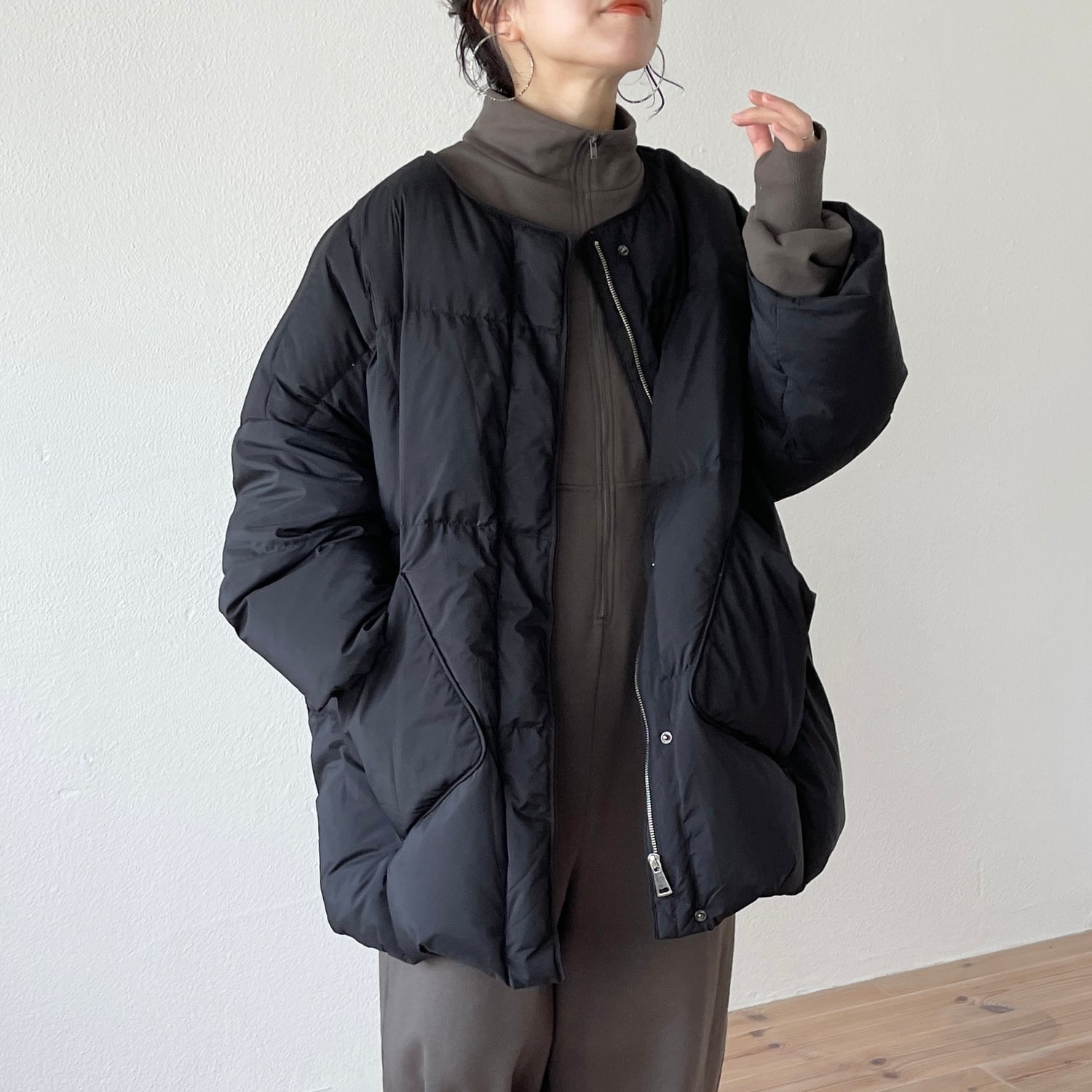 high neck half zip up sweat all in one / charcoal