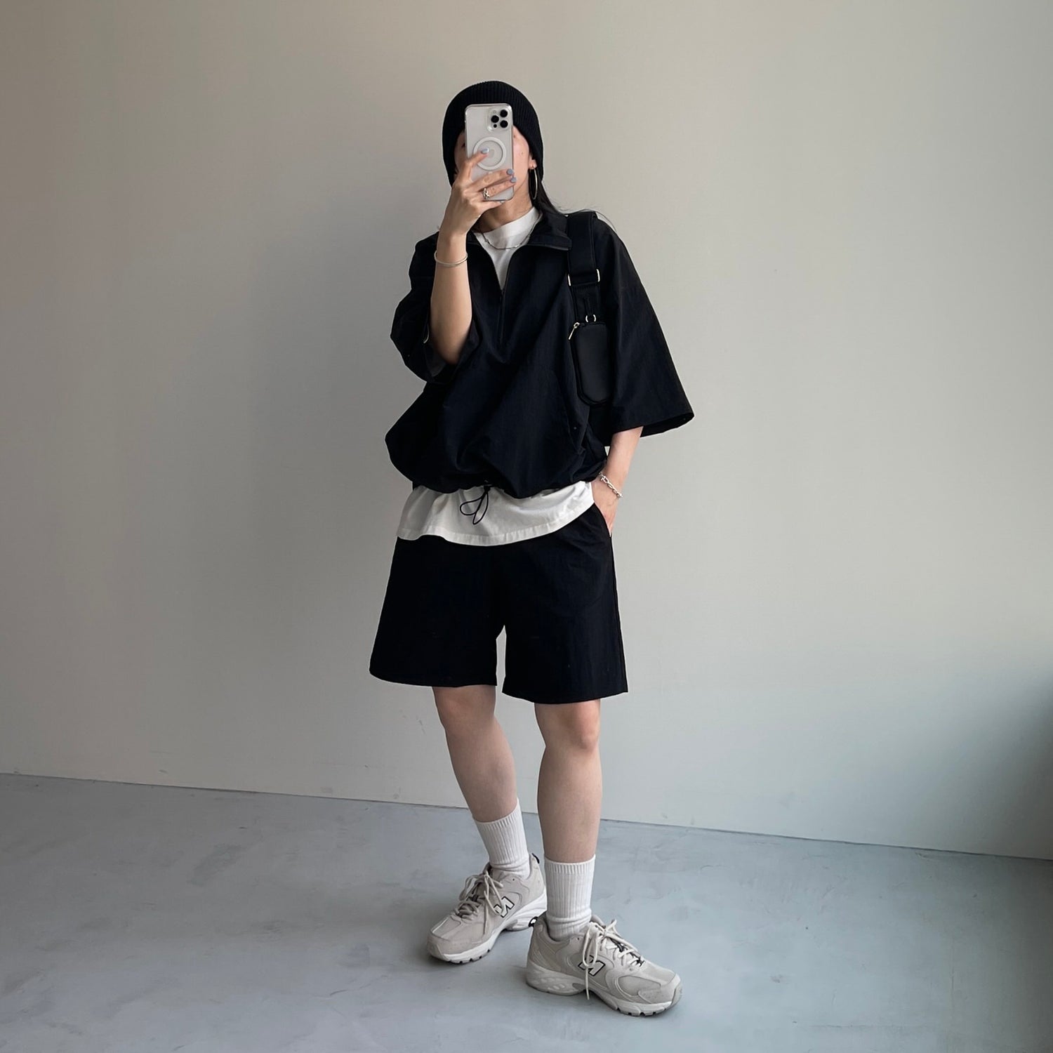 (2点SET) half zip nylon set up / black