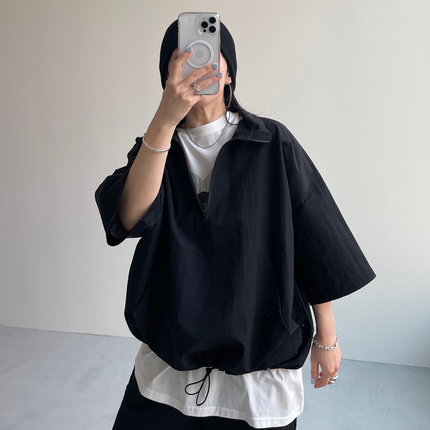 (2点SET) half zip nylon set up / black