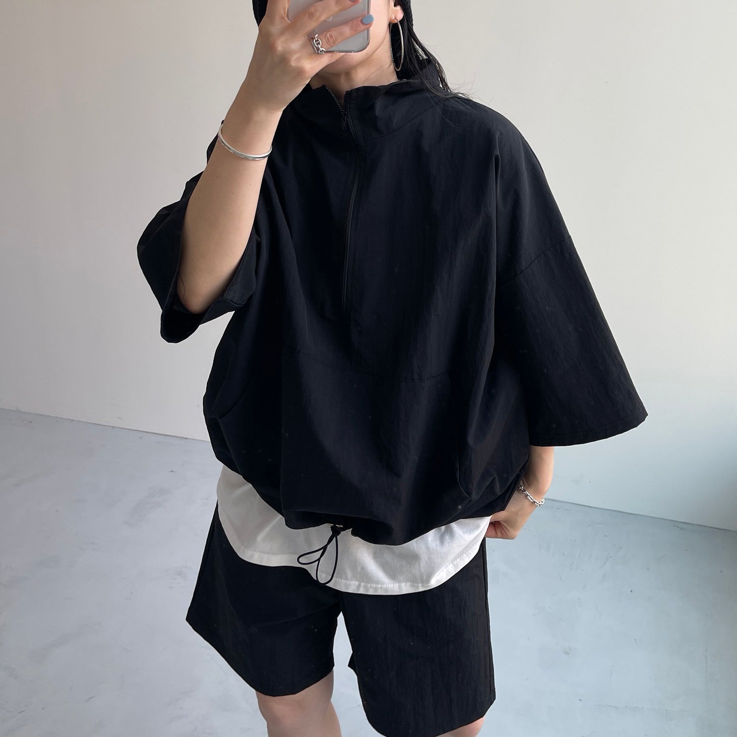 (2点SET) half zip nylon set up / black