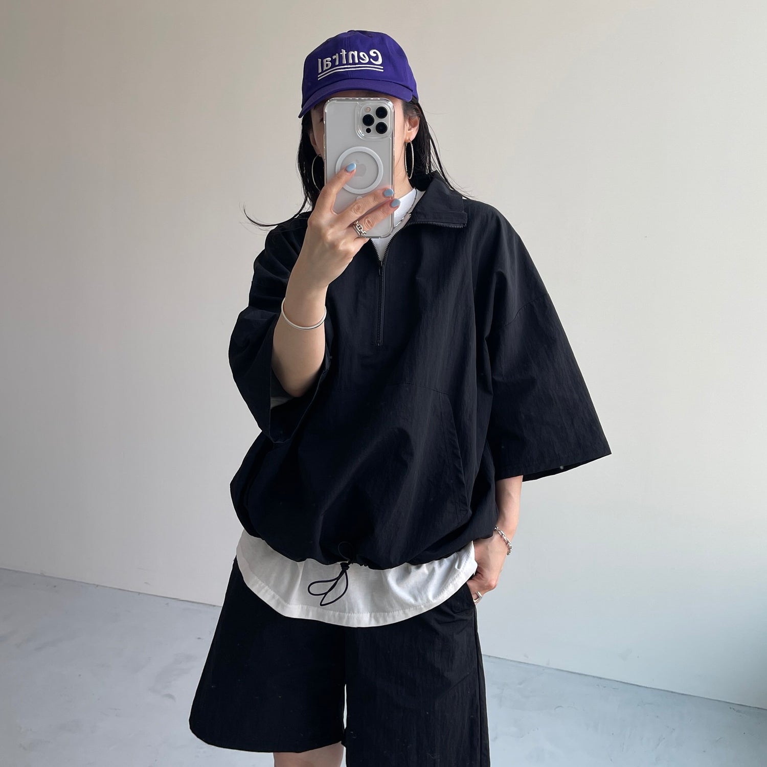 (2点SET) half zip nylon set up / black