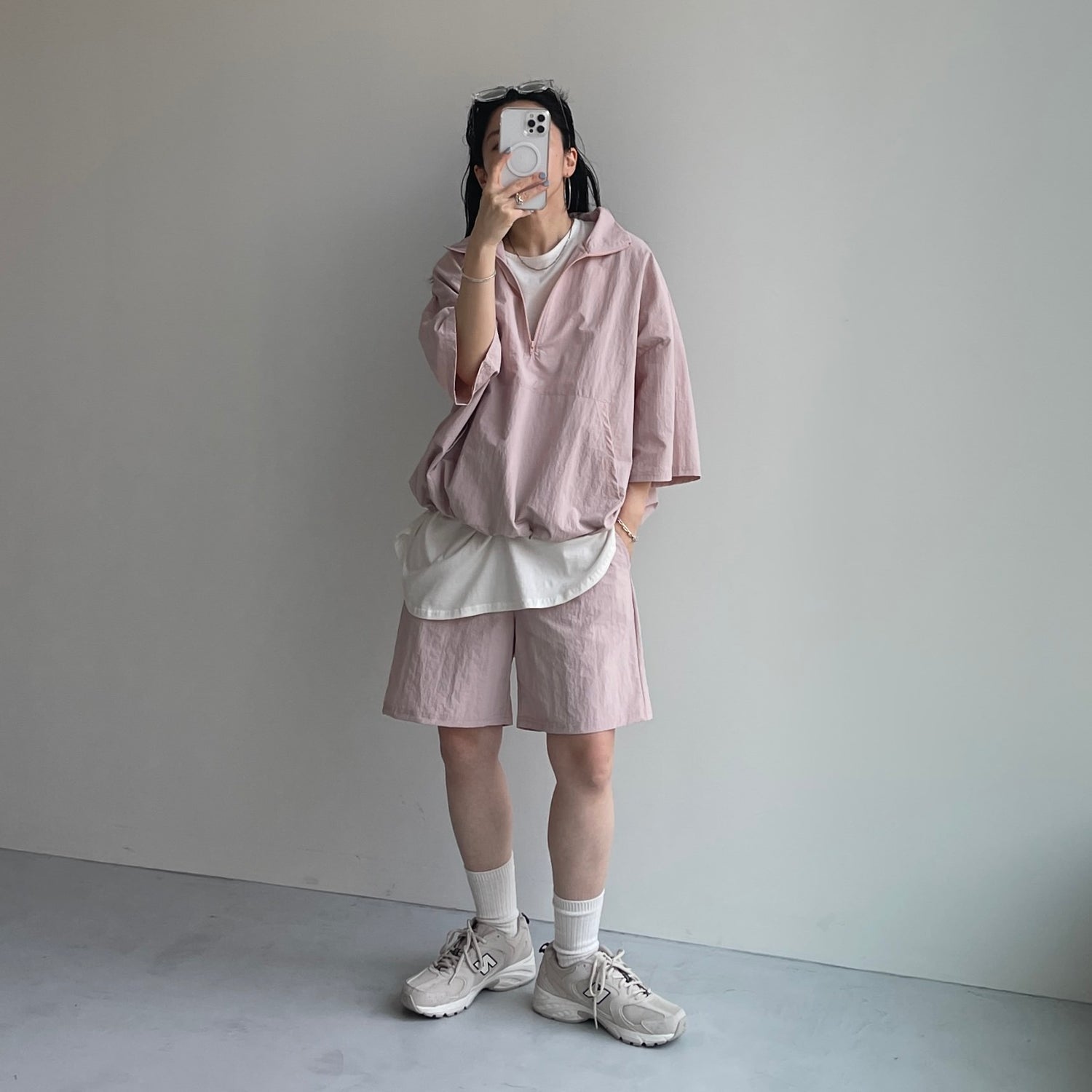 (2点SET) half zip nylon set up / pink