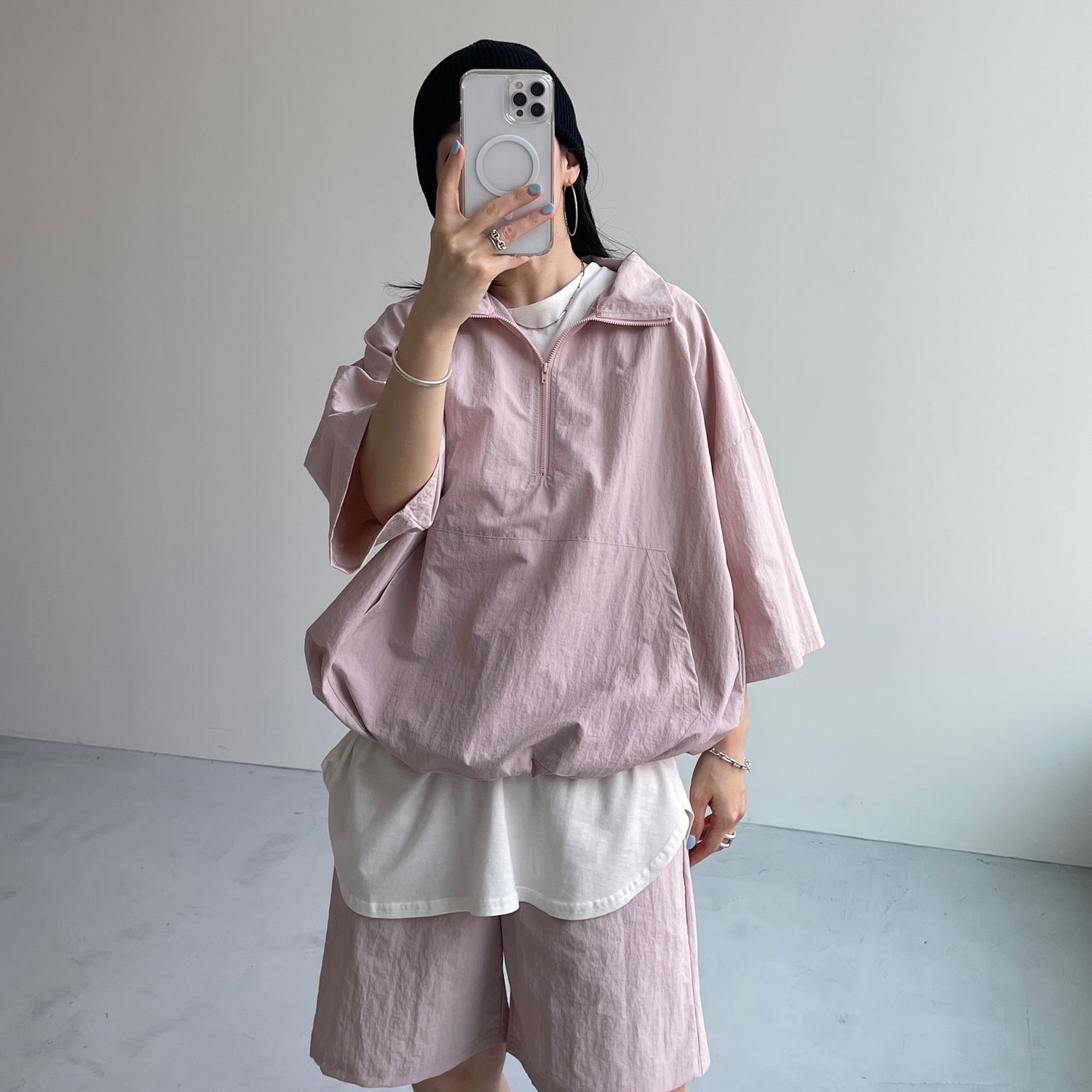 over size half zip nylon po / pink