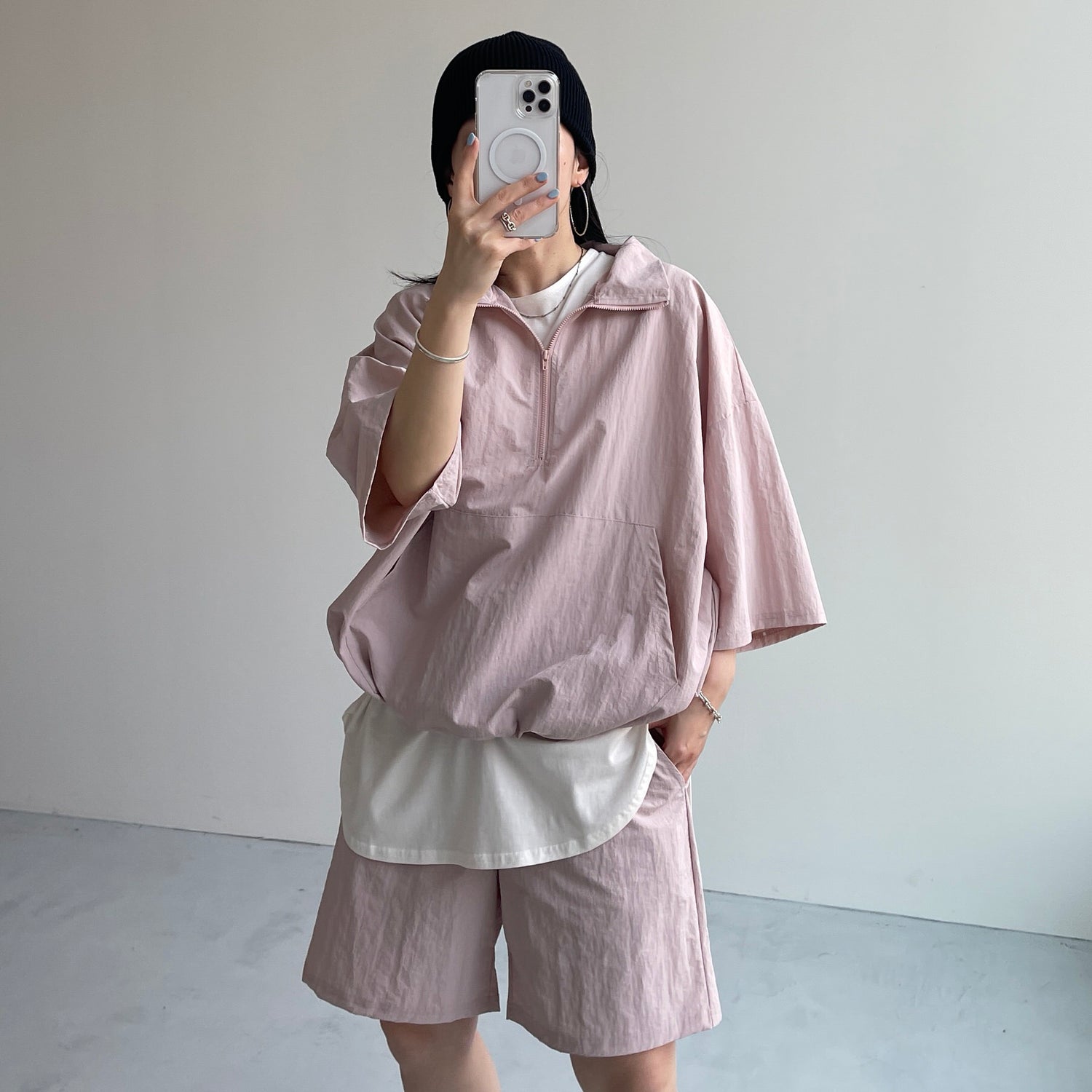 (2点SET) half zip nylon set up / pink