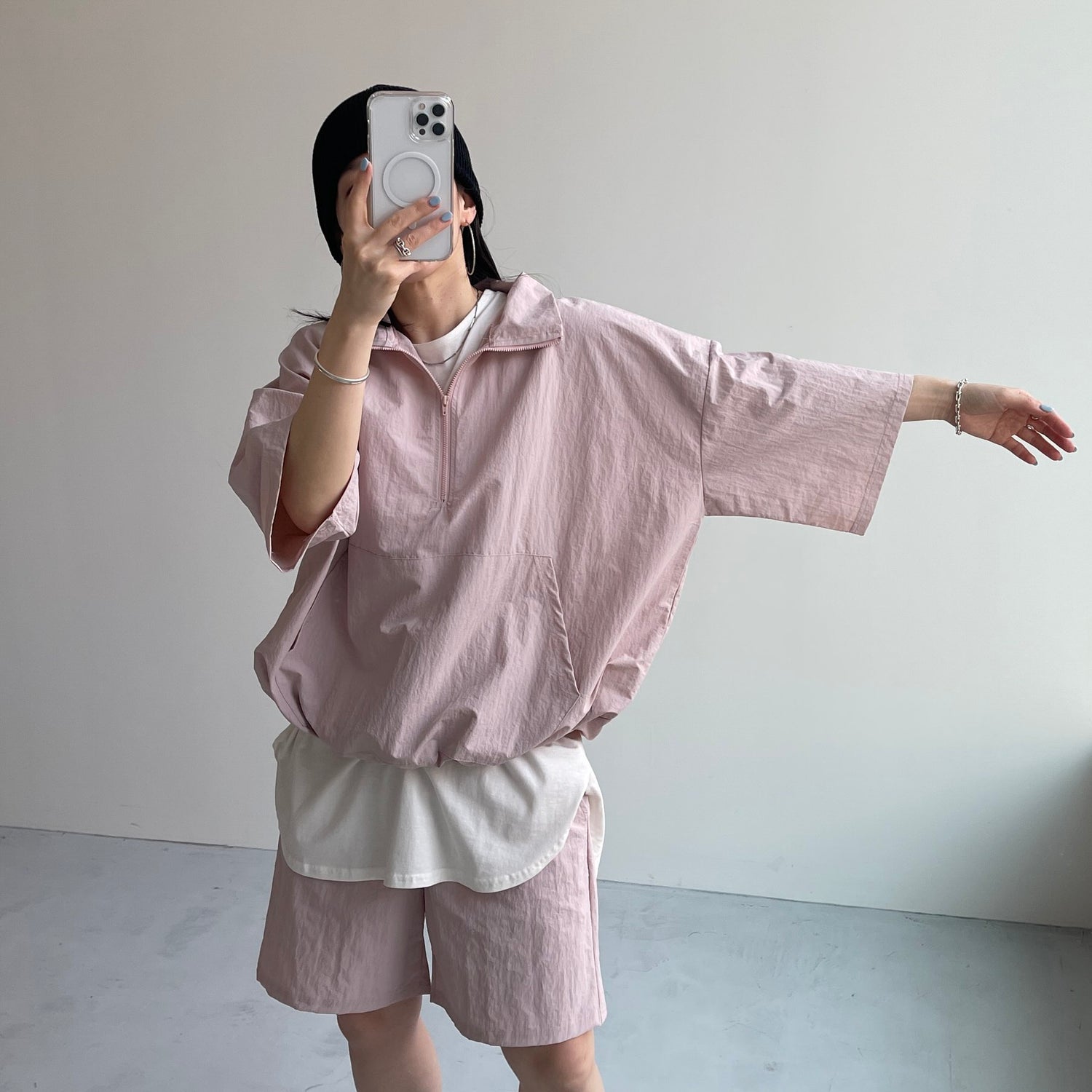 (2点SET) half zip nylon set up / pink