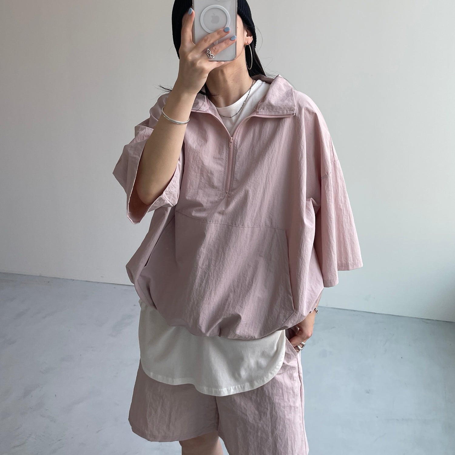 (2点SET) half zip nylon set up / pink