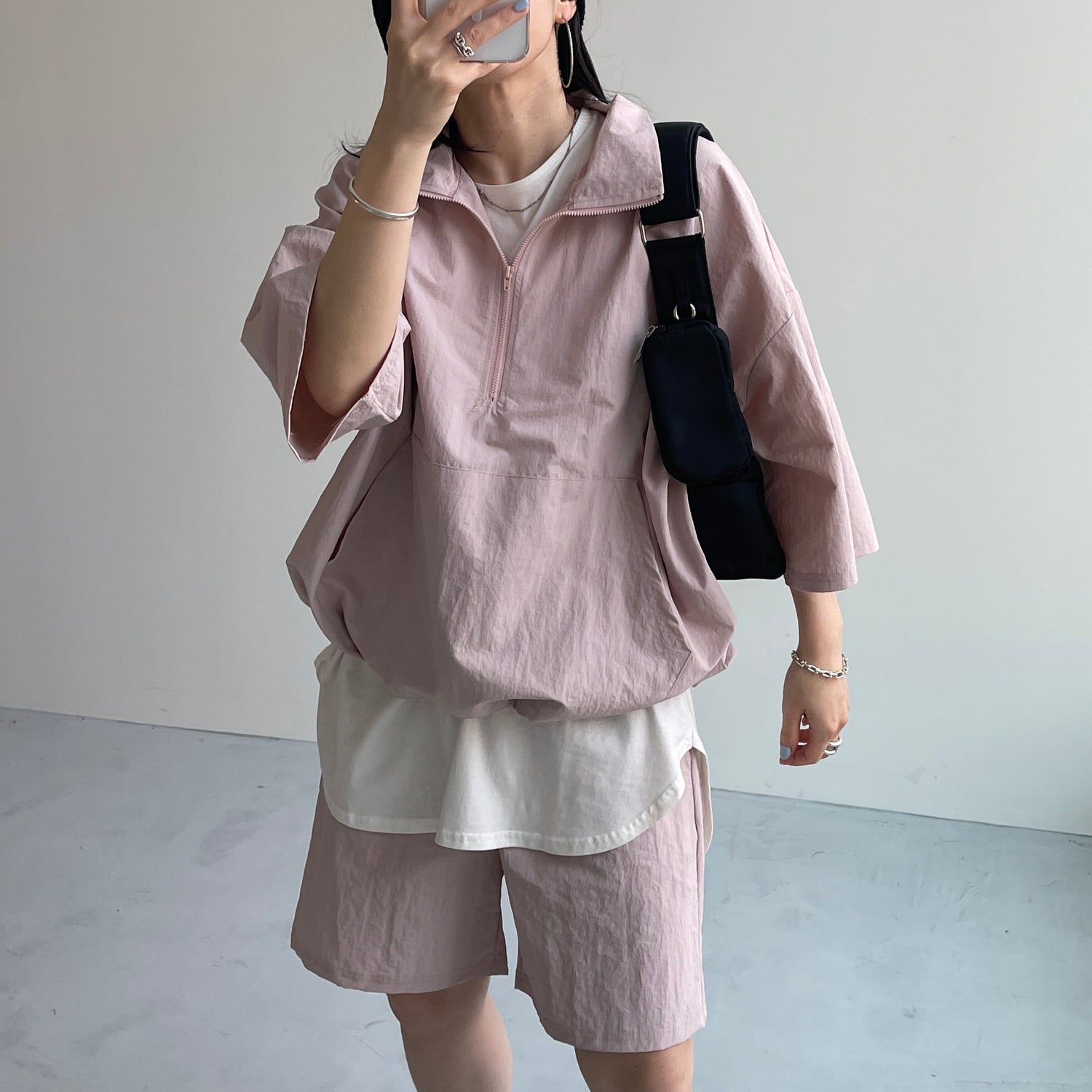 (2点SET) half zip nylon set up / pink