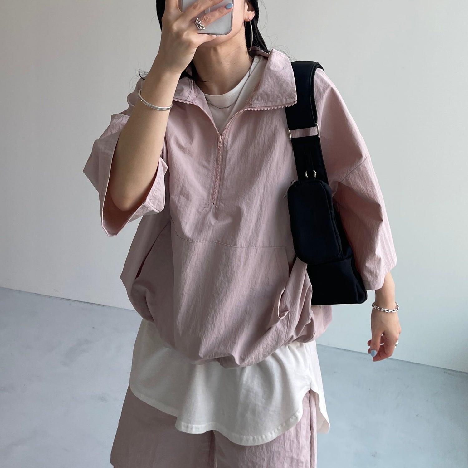 (2点SET) half zip nylon set up / pink