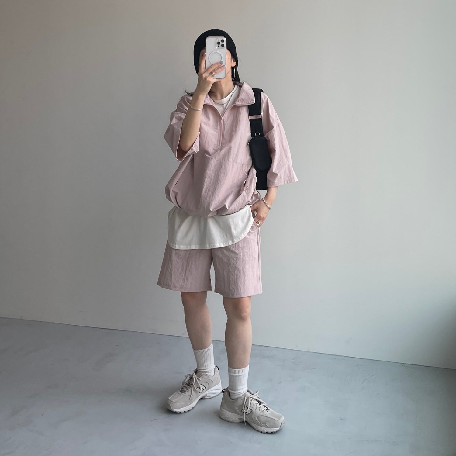 over size half zip nylon po / pink