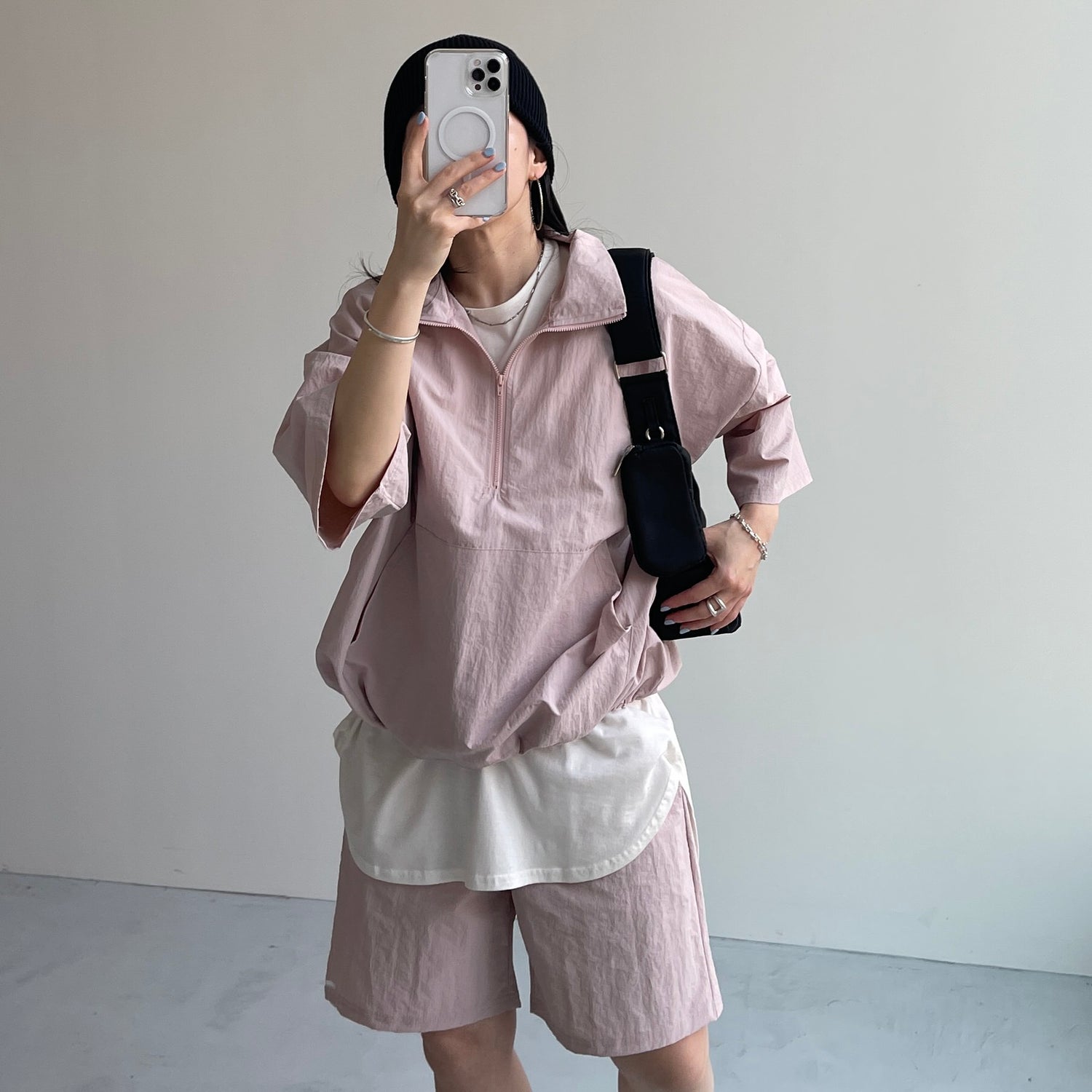 (2点SET) half zip nylon set up / pink