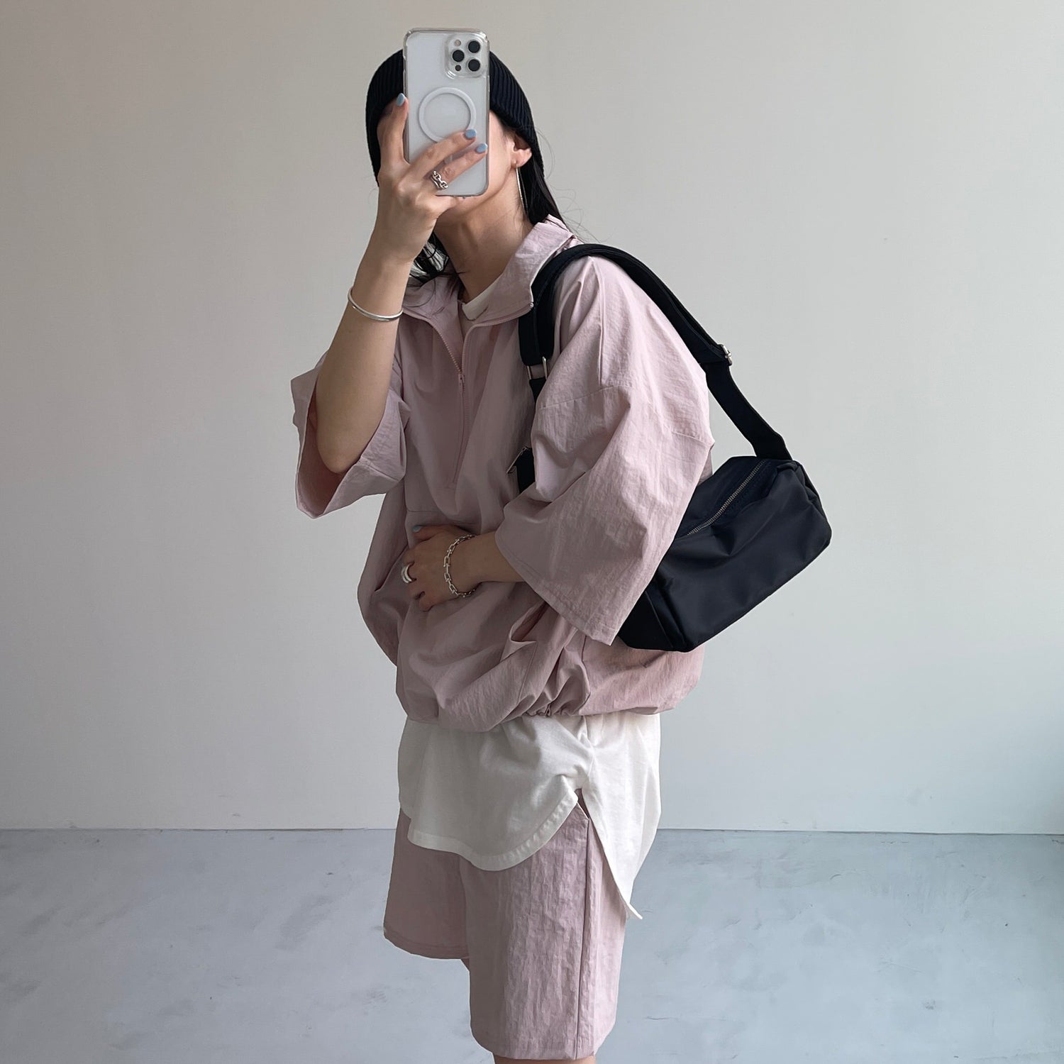 (2点SET) half zip nylon set up / pink