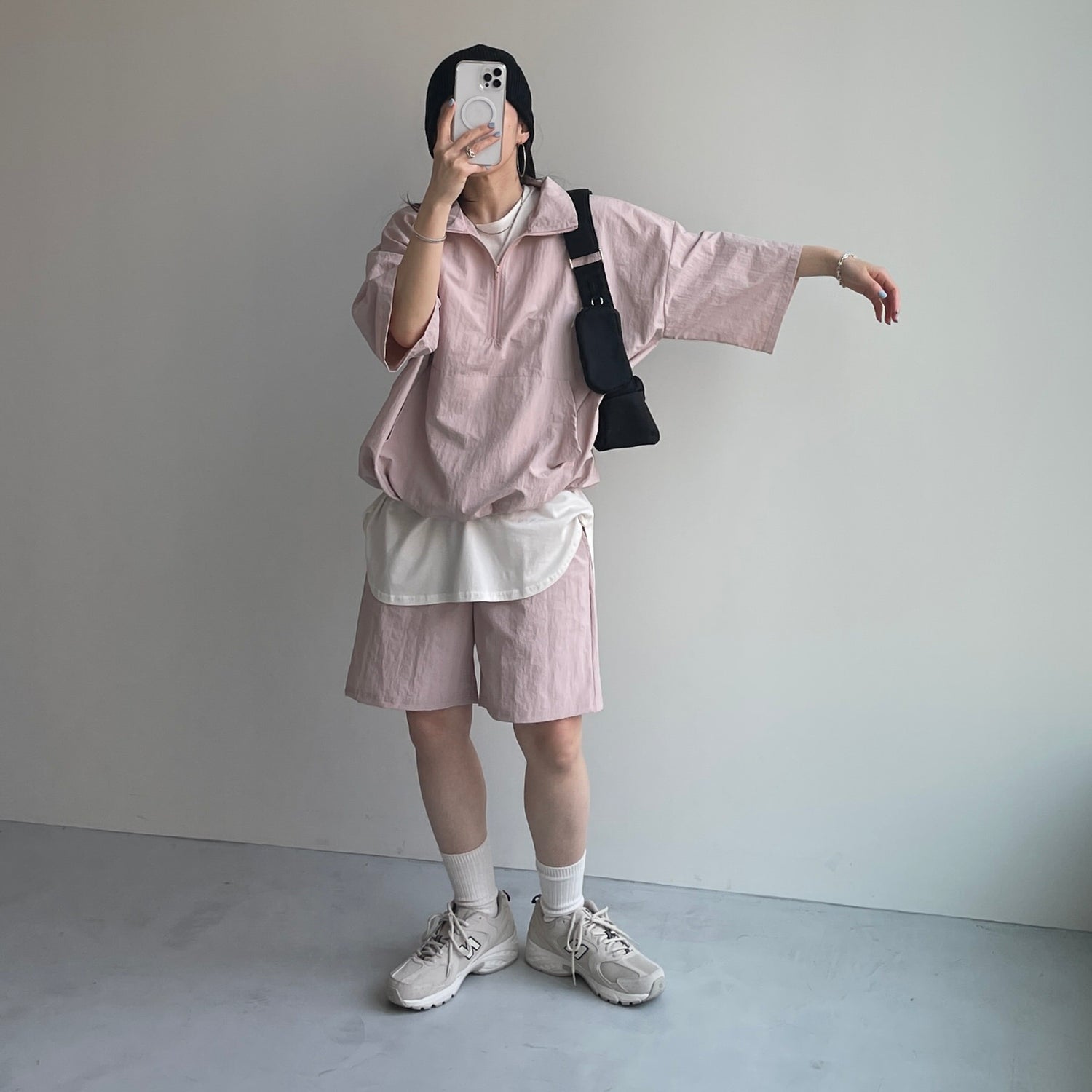 (2点SET) half zip nylon set up / pink
