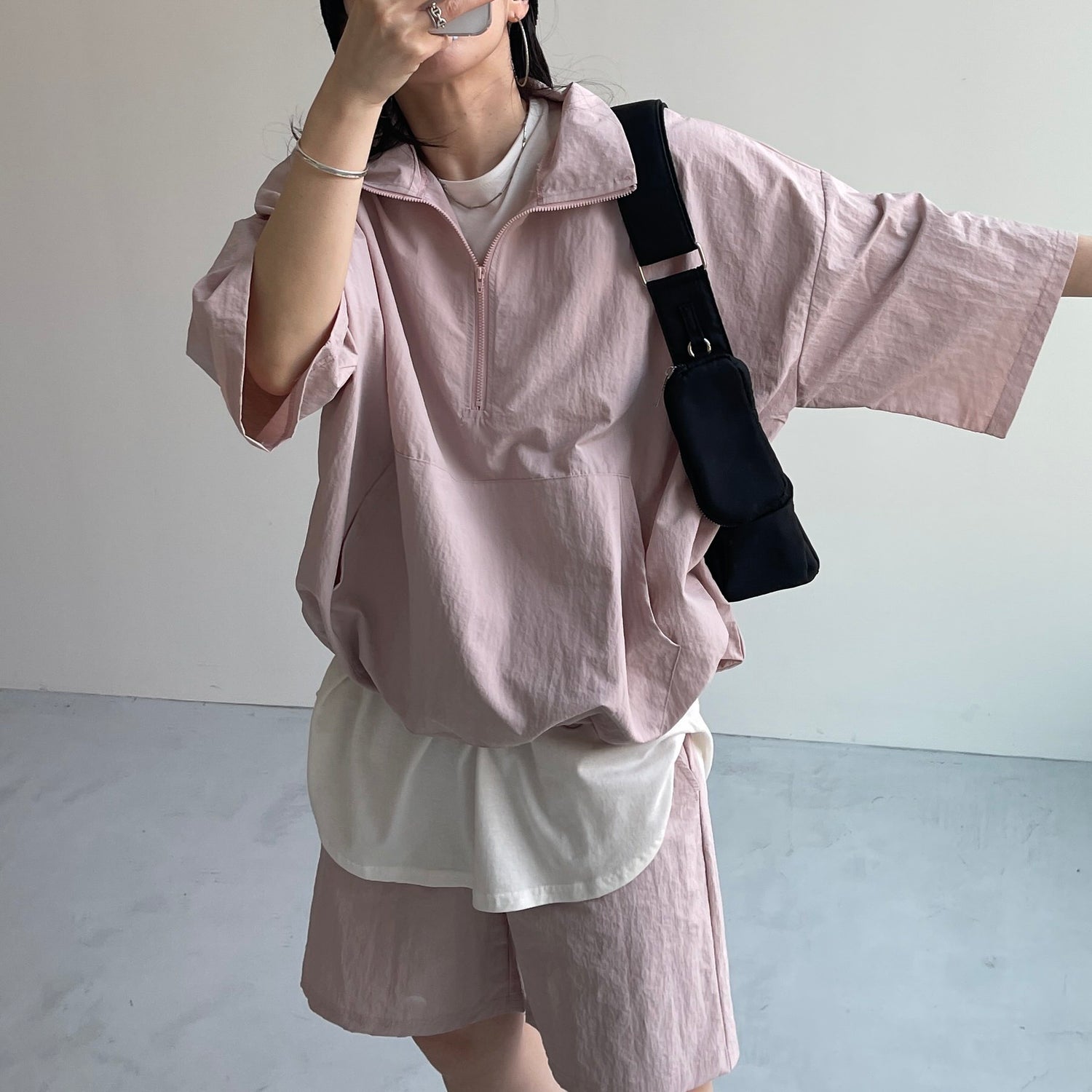 (2点SET) half zip nylon set up / pink