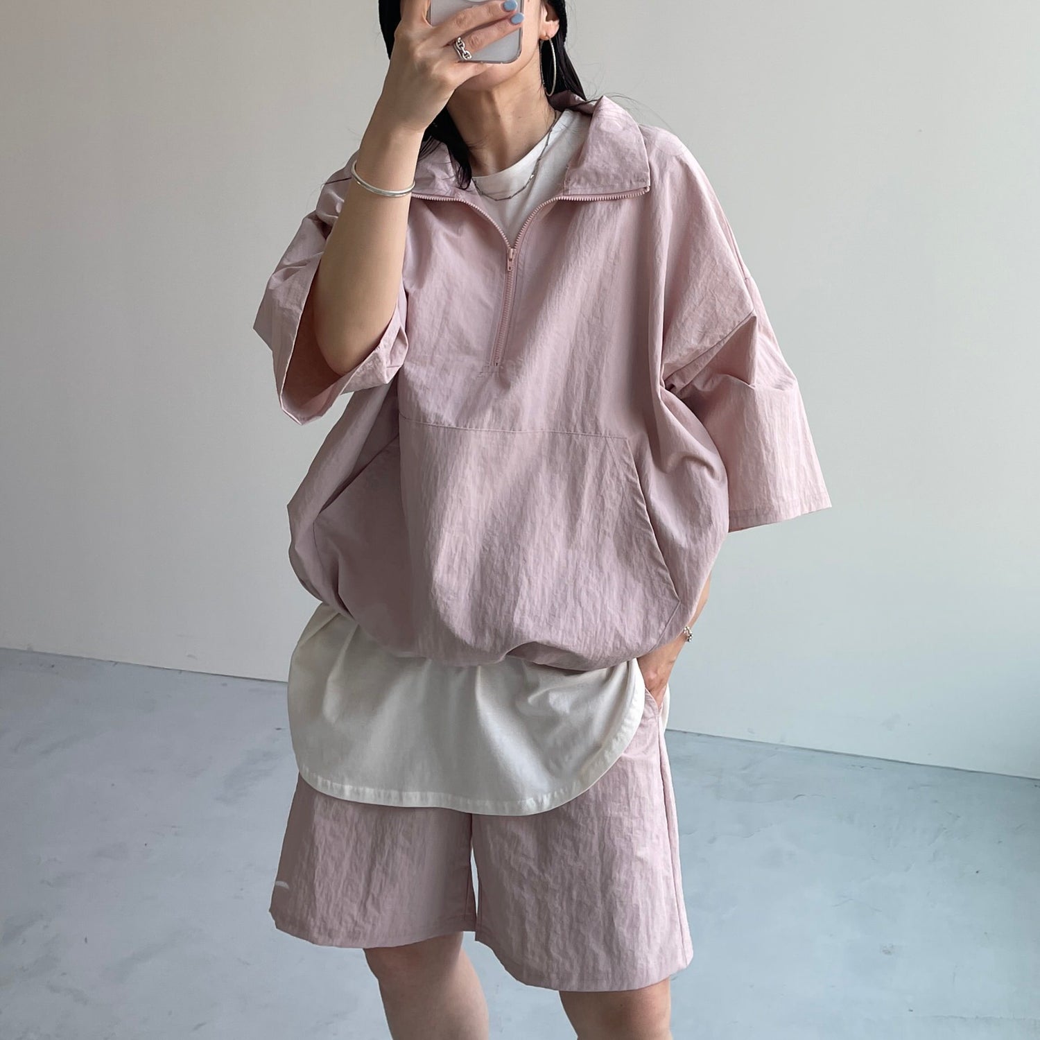 over size half zip nylon po / pink