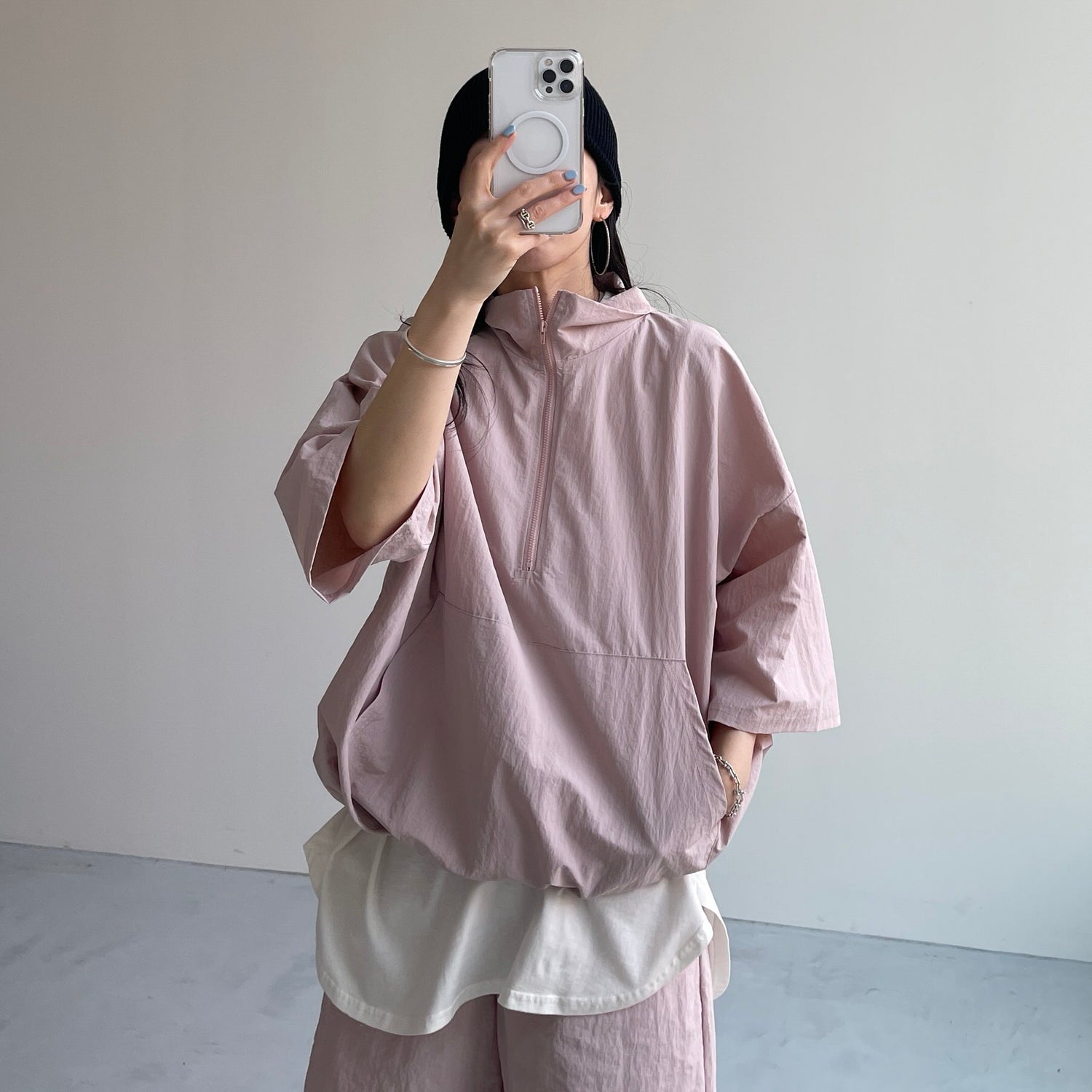 (2点SET) half zip nylon set up / pink