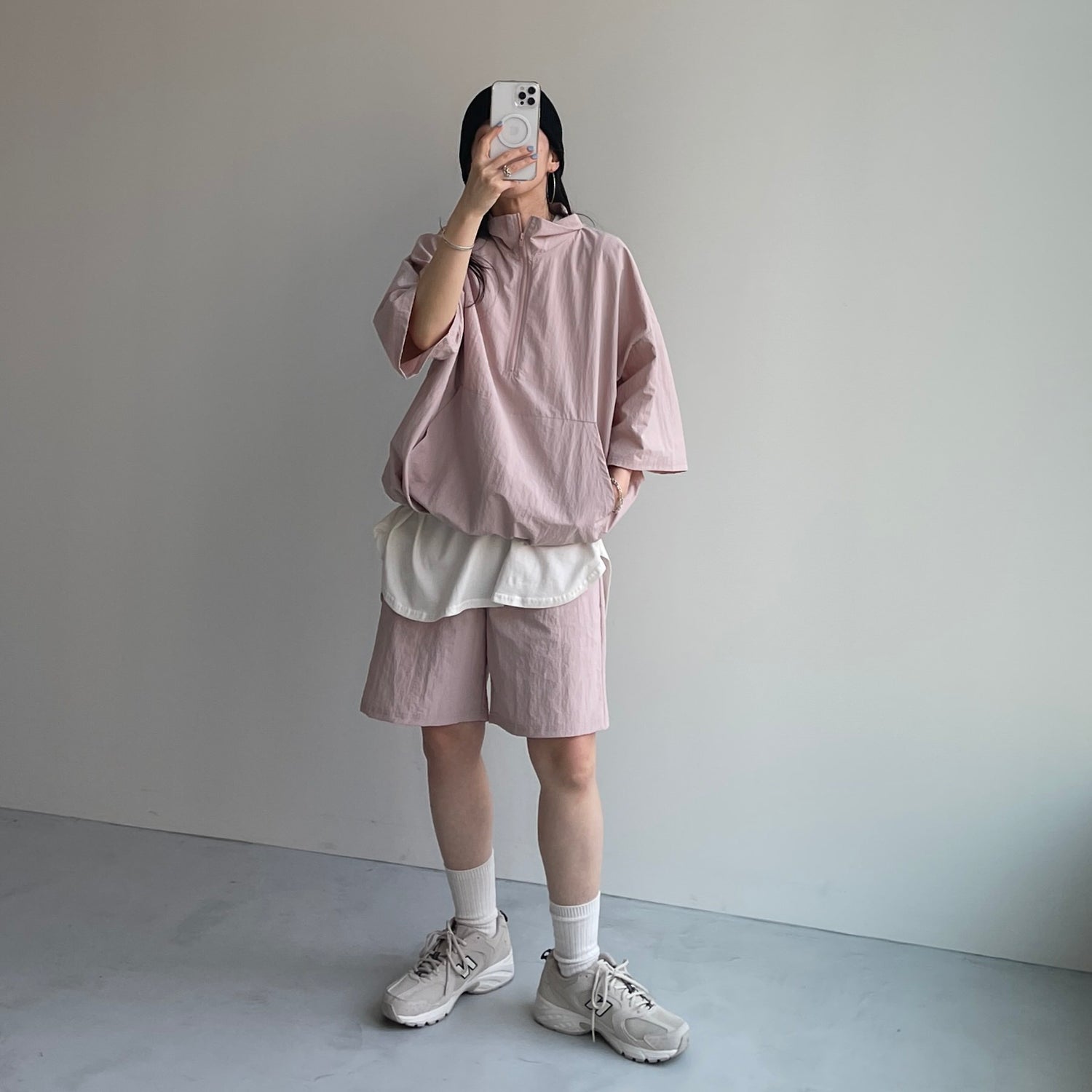 (2点SET) half zip nylon set up / pink
