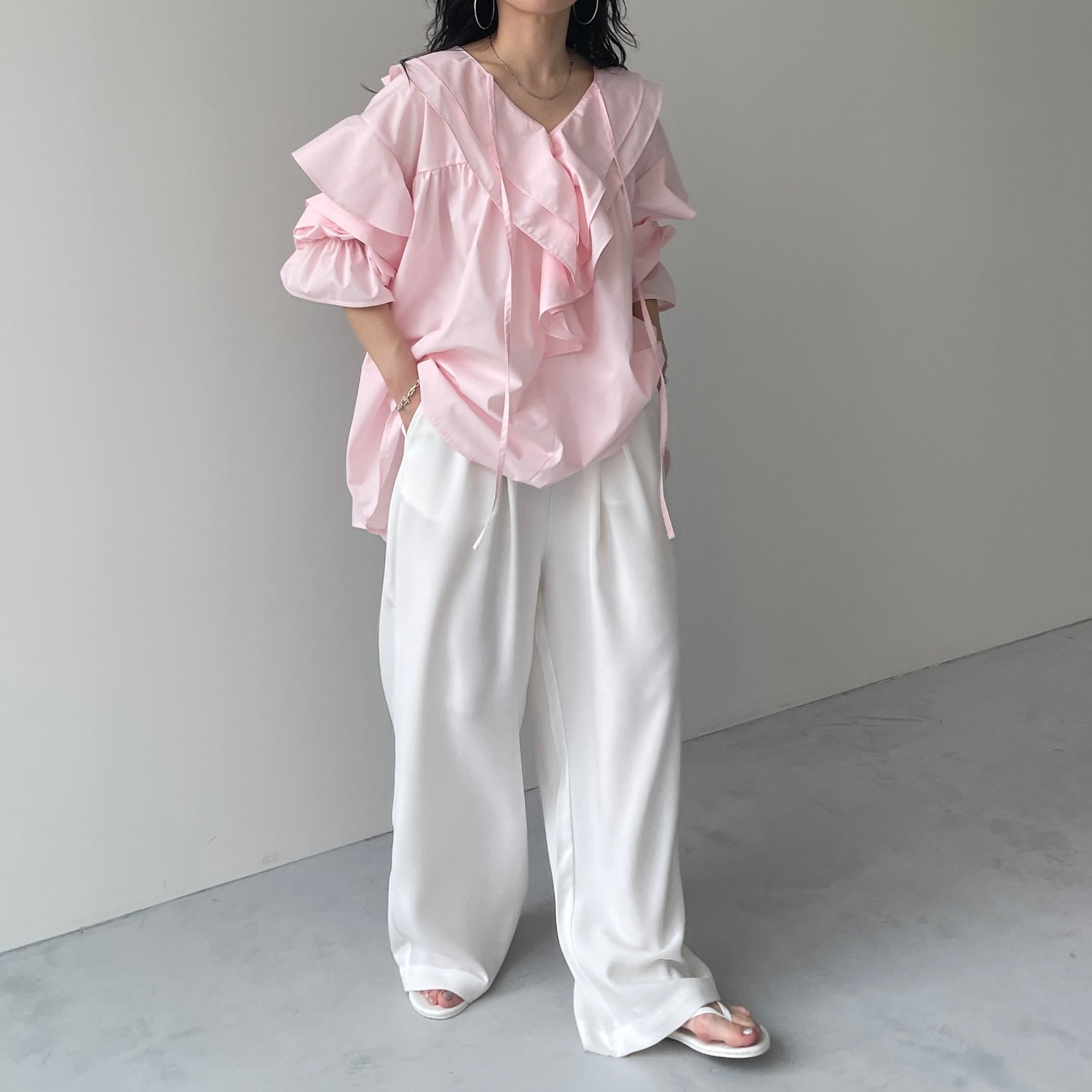 big collar frill blouse / baby pink