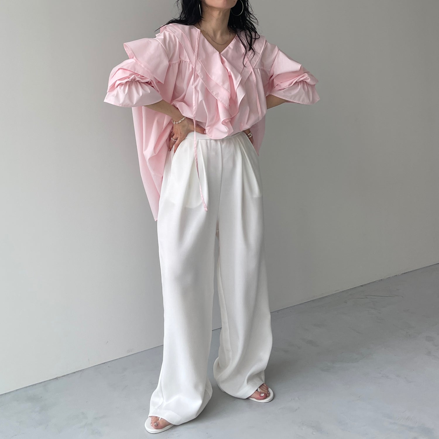 big collar frill blouse / baby pink