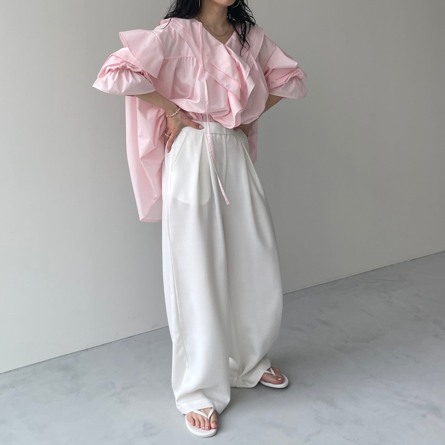 big collar frill blouse / baby pink