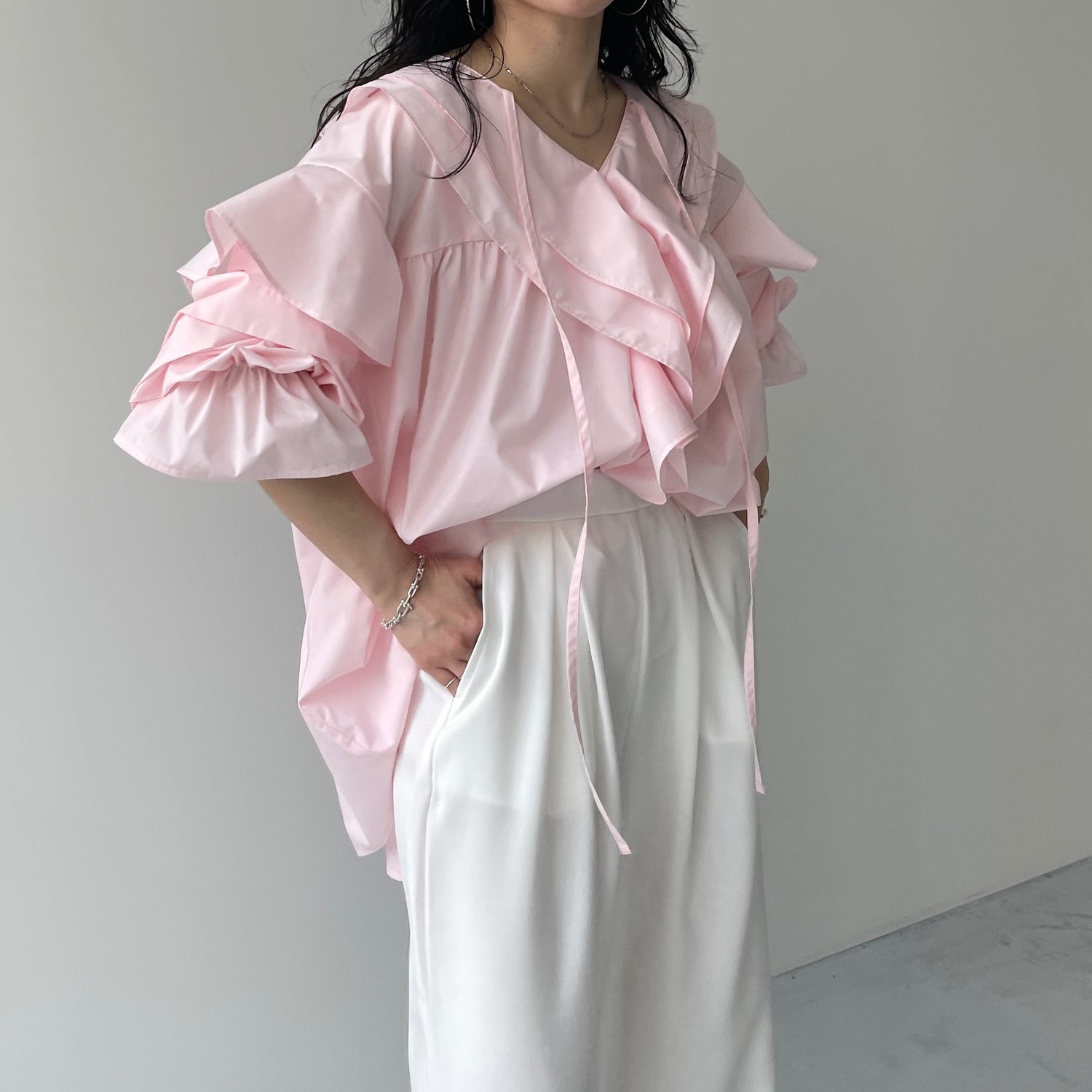 big collar frill blouse / baby pink