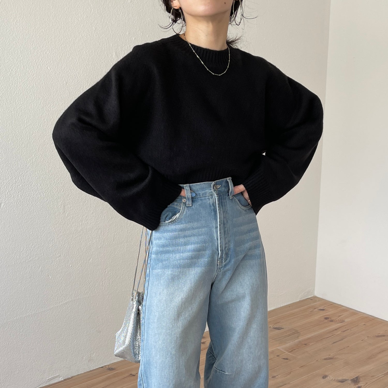 wide sleeve short knit / black