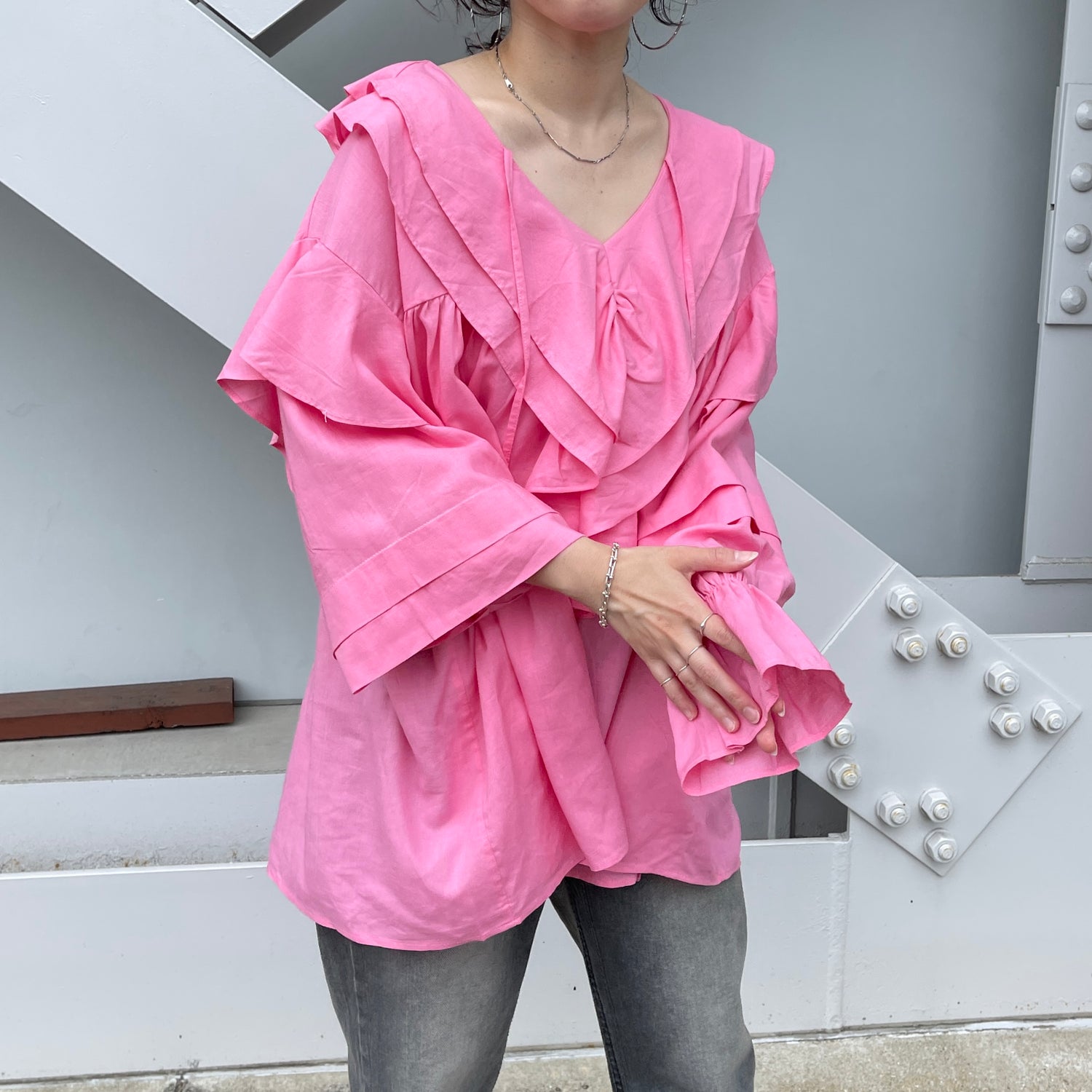 big collar frill blouse / linen pink