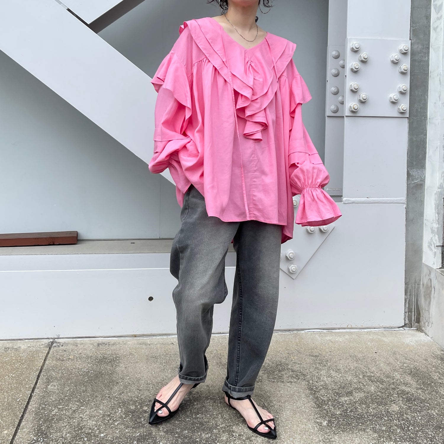big collar frill blouse / linen pink