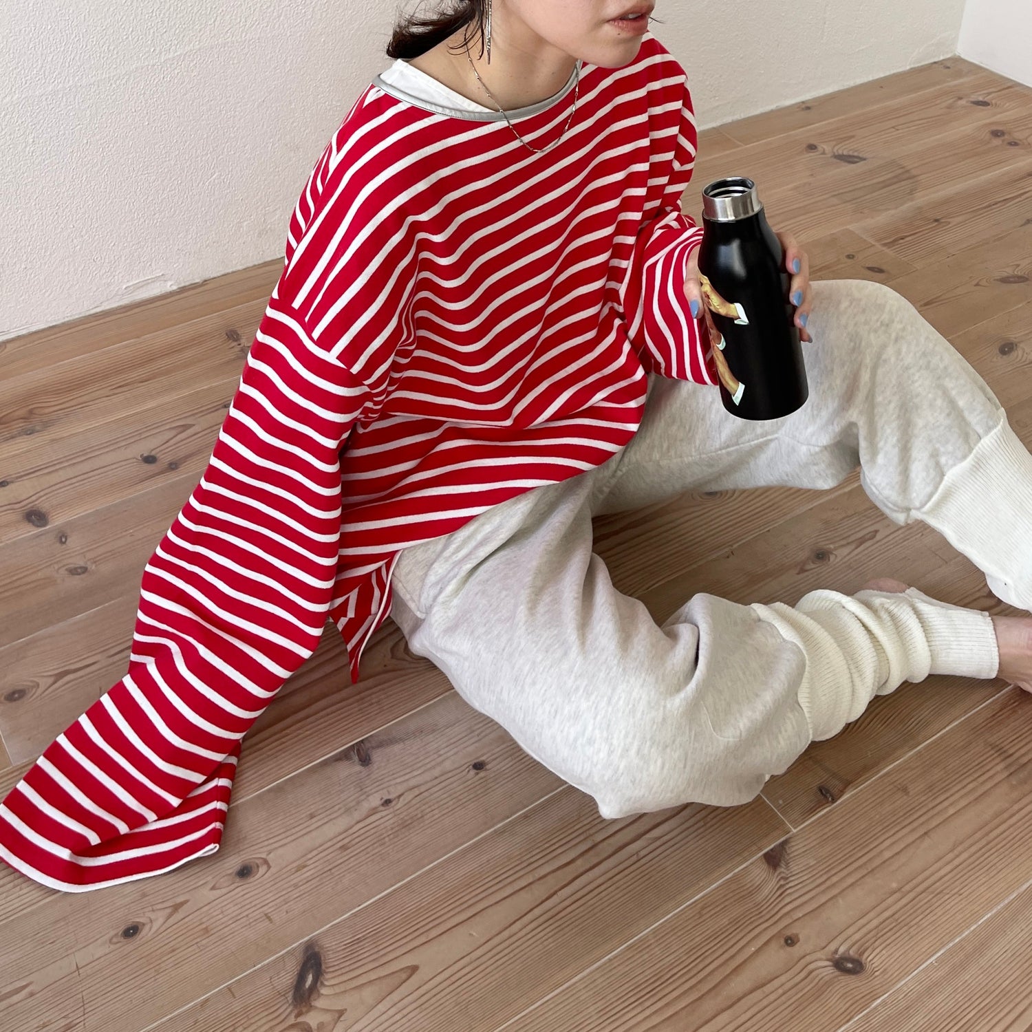 【SAMPLE】wide sleeve over size border tee / red