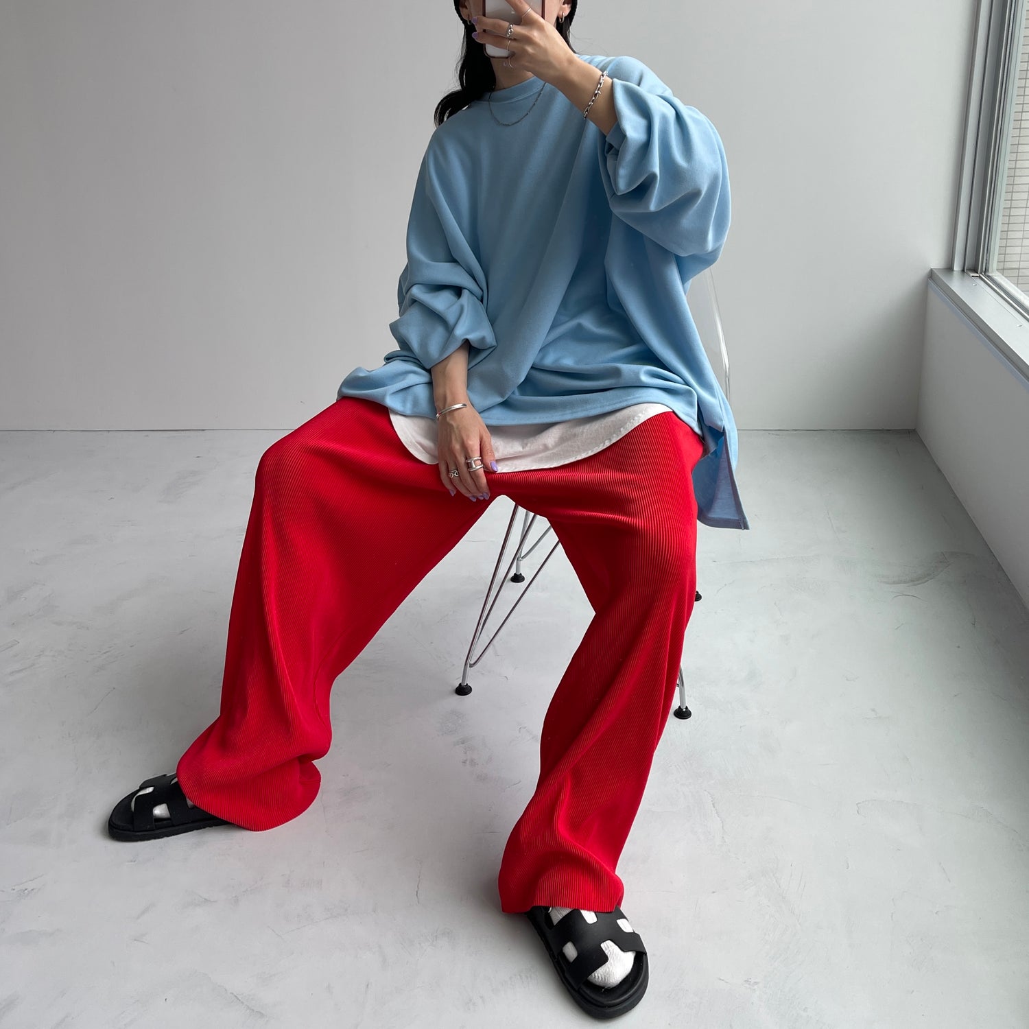 daily daily super stretch pleats wide pants / cherry red