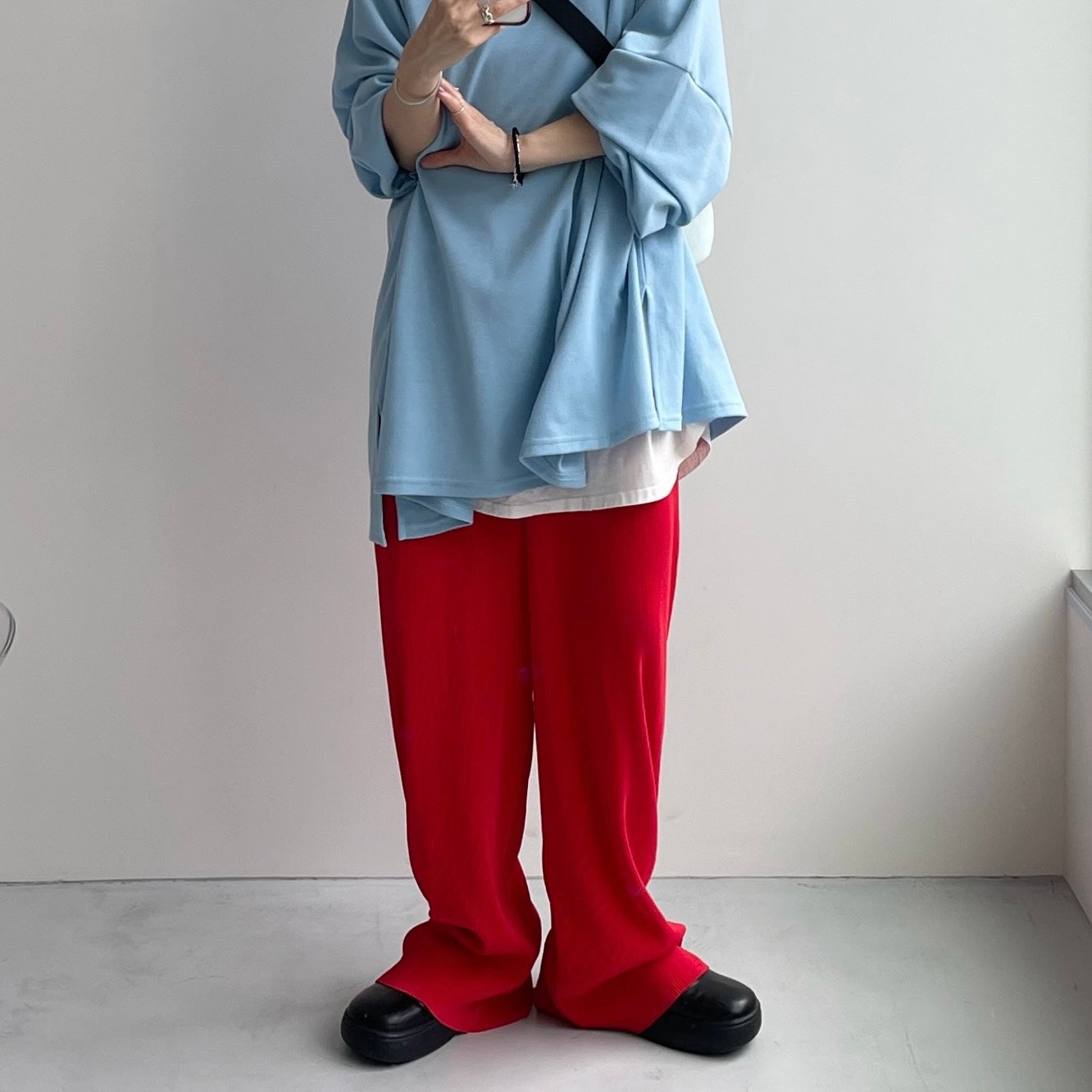 daily daily super stretch pleats wide pants / cherry red