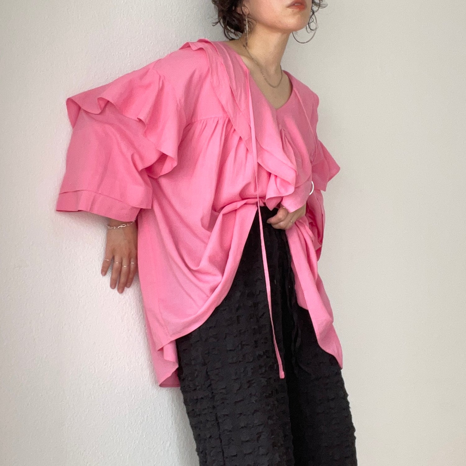 big collar frill blouse / linen pink