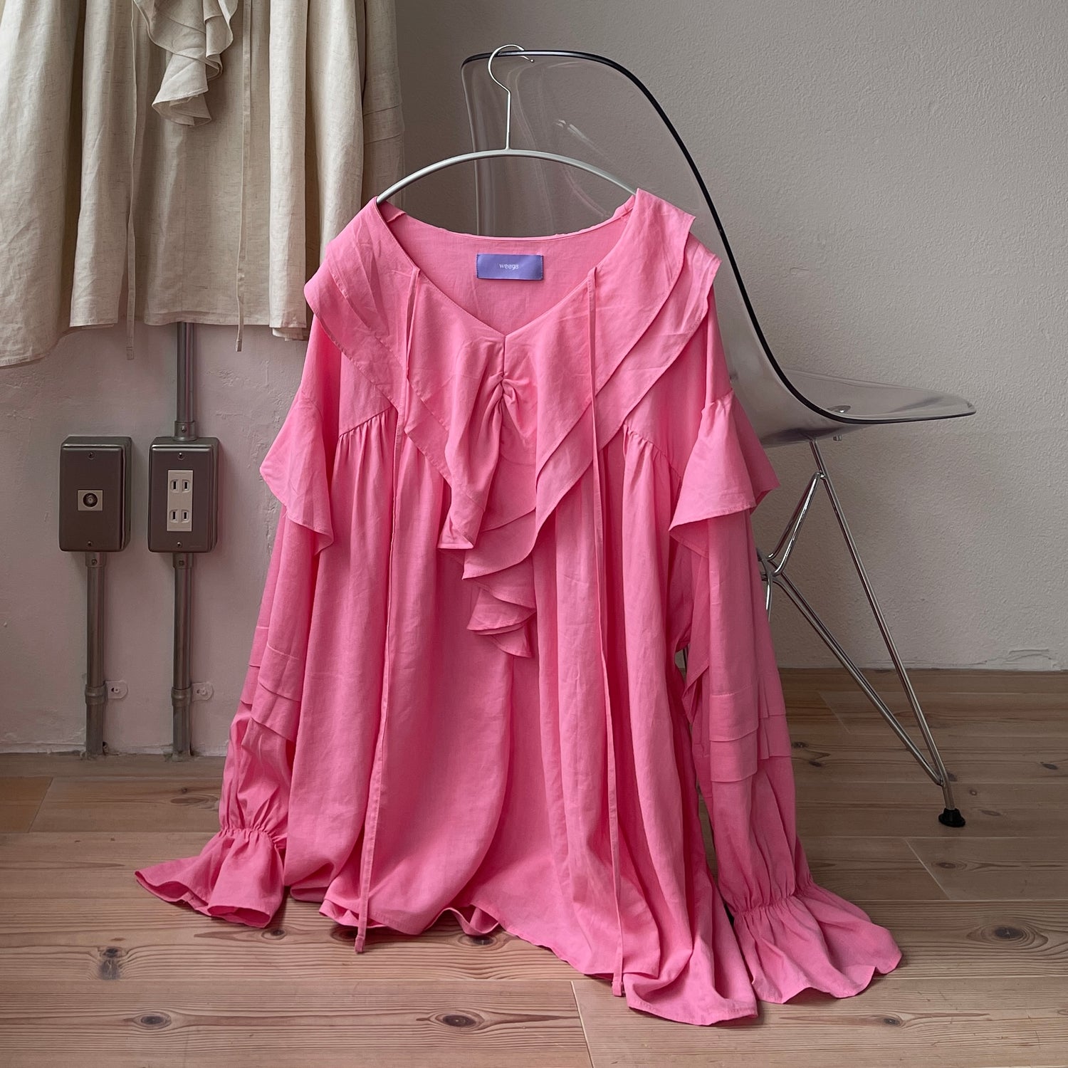 big collar frill blouse / linen pink
