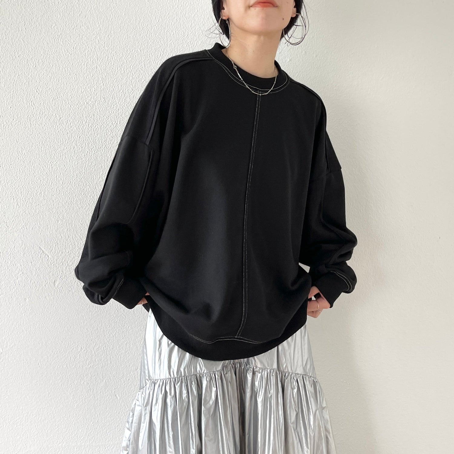 【SAMPLE】volume sleeve piping sweat / black