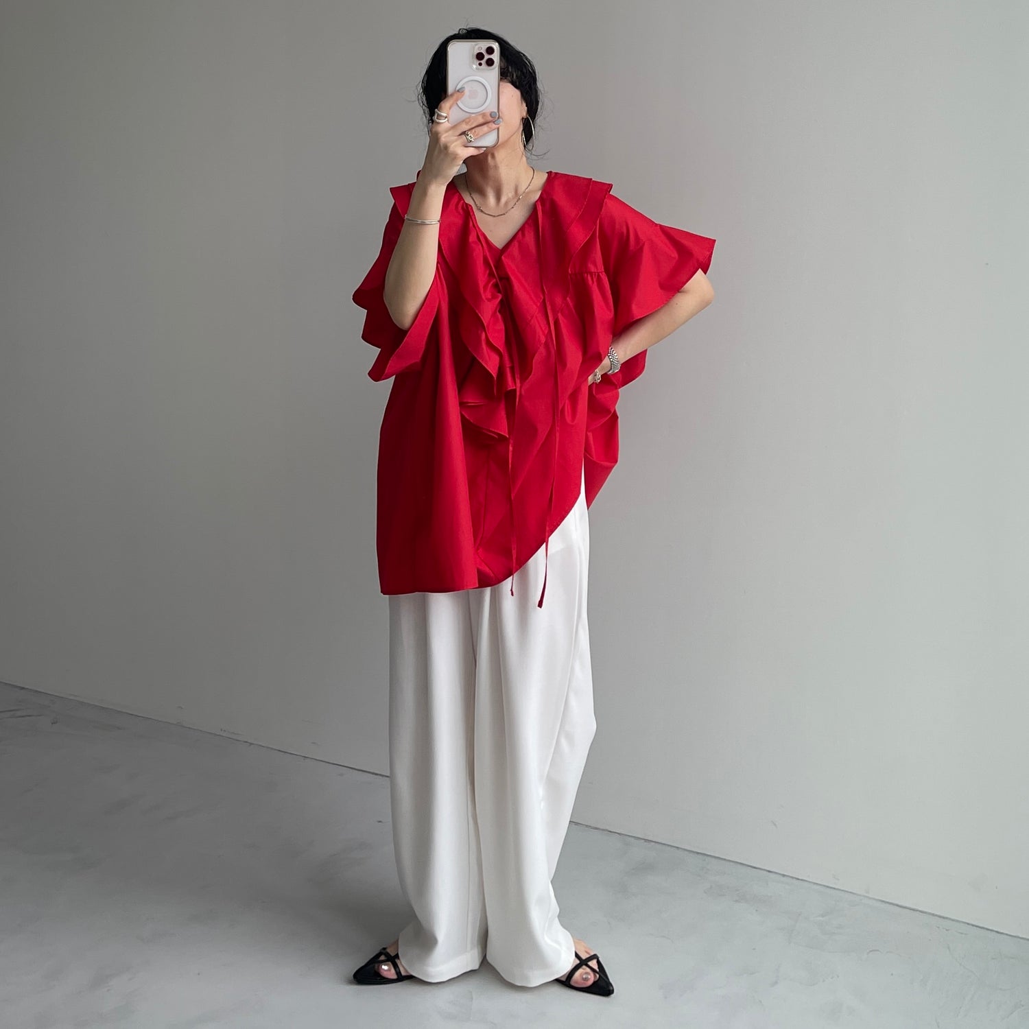 big collar frill half blouse / red