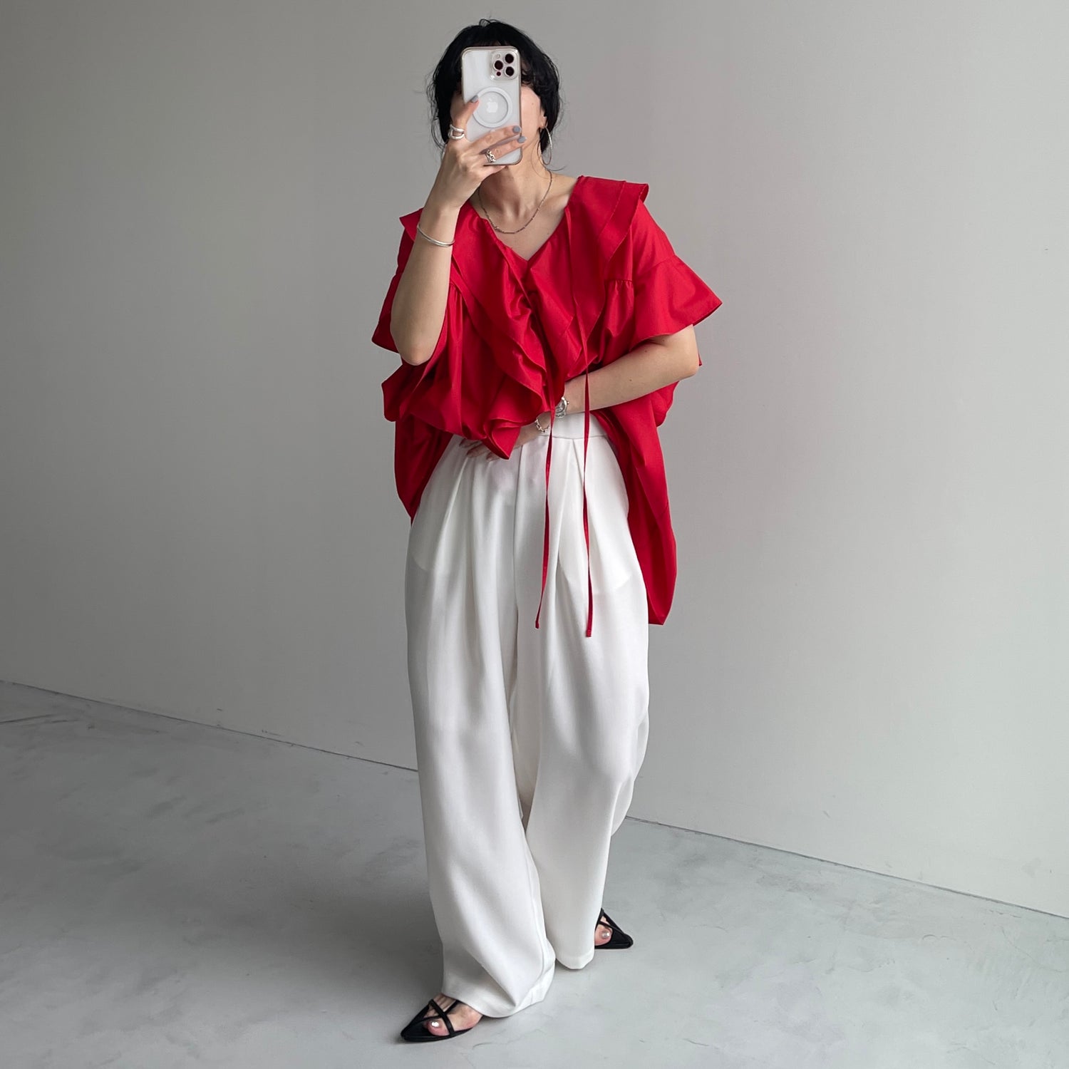 big collar frill half blouse / red