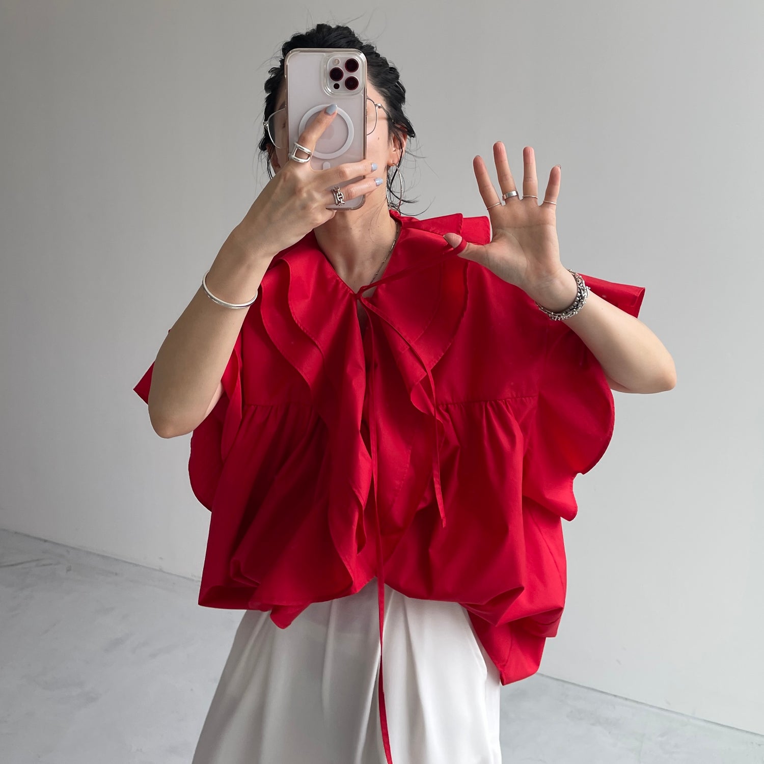 big collar frill half blouse / red