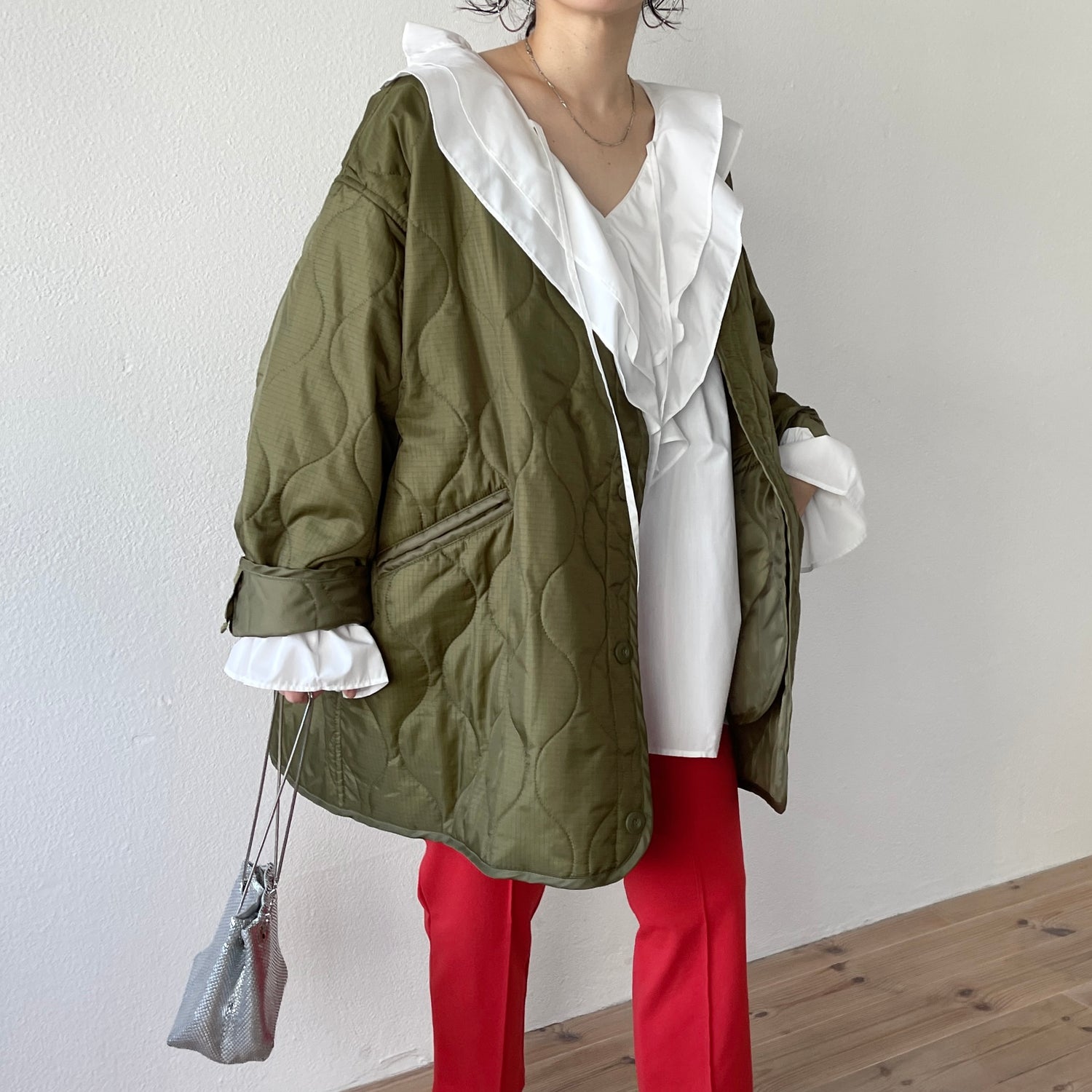 over size quilting liner jacket / khaki