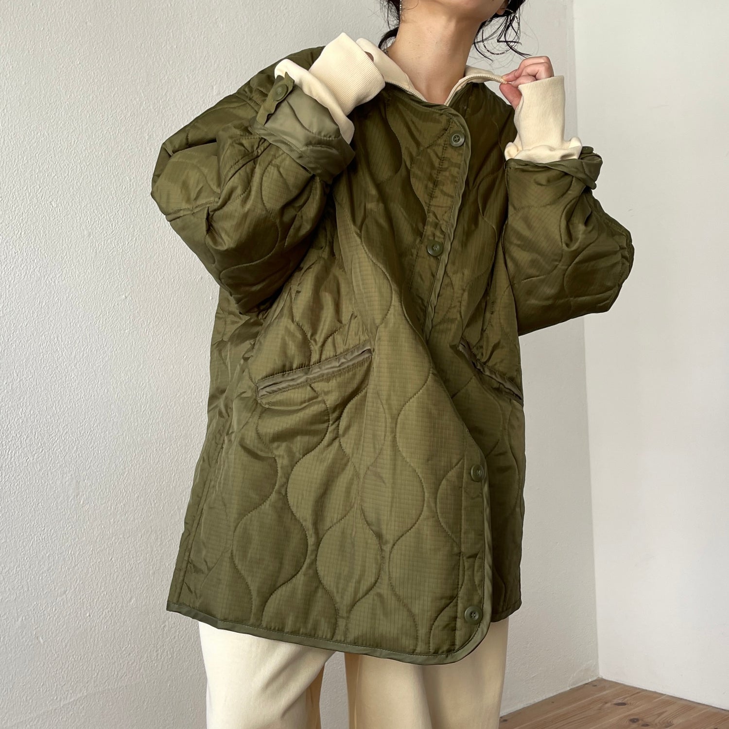 over size quilting liner jacket / khaki