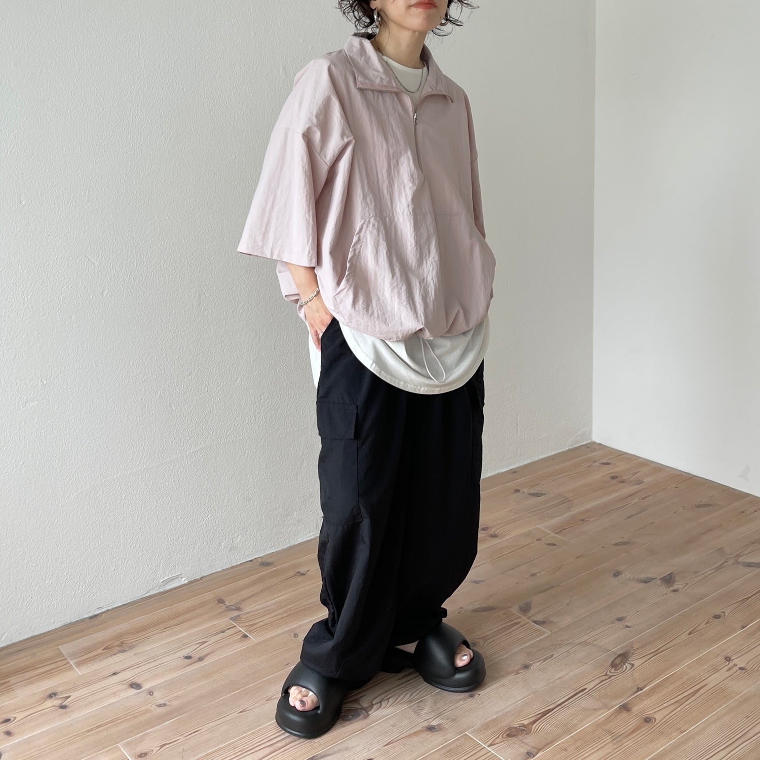 (2点SET) half zip nylon set up / pink