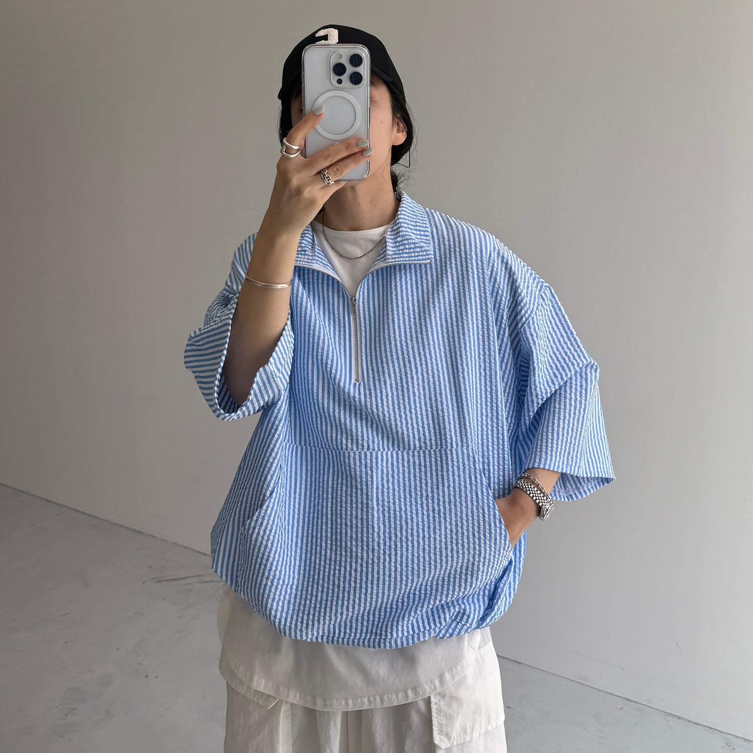 over size half zip holiday PO / blue