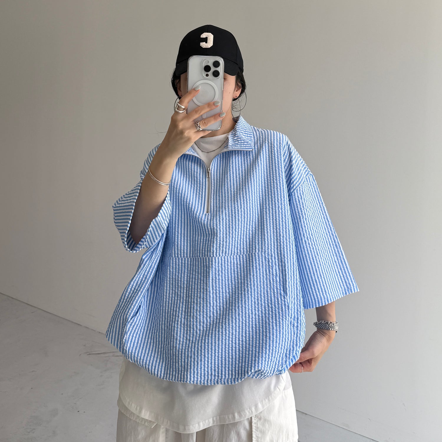 over size half zip holiday PO / blue